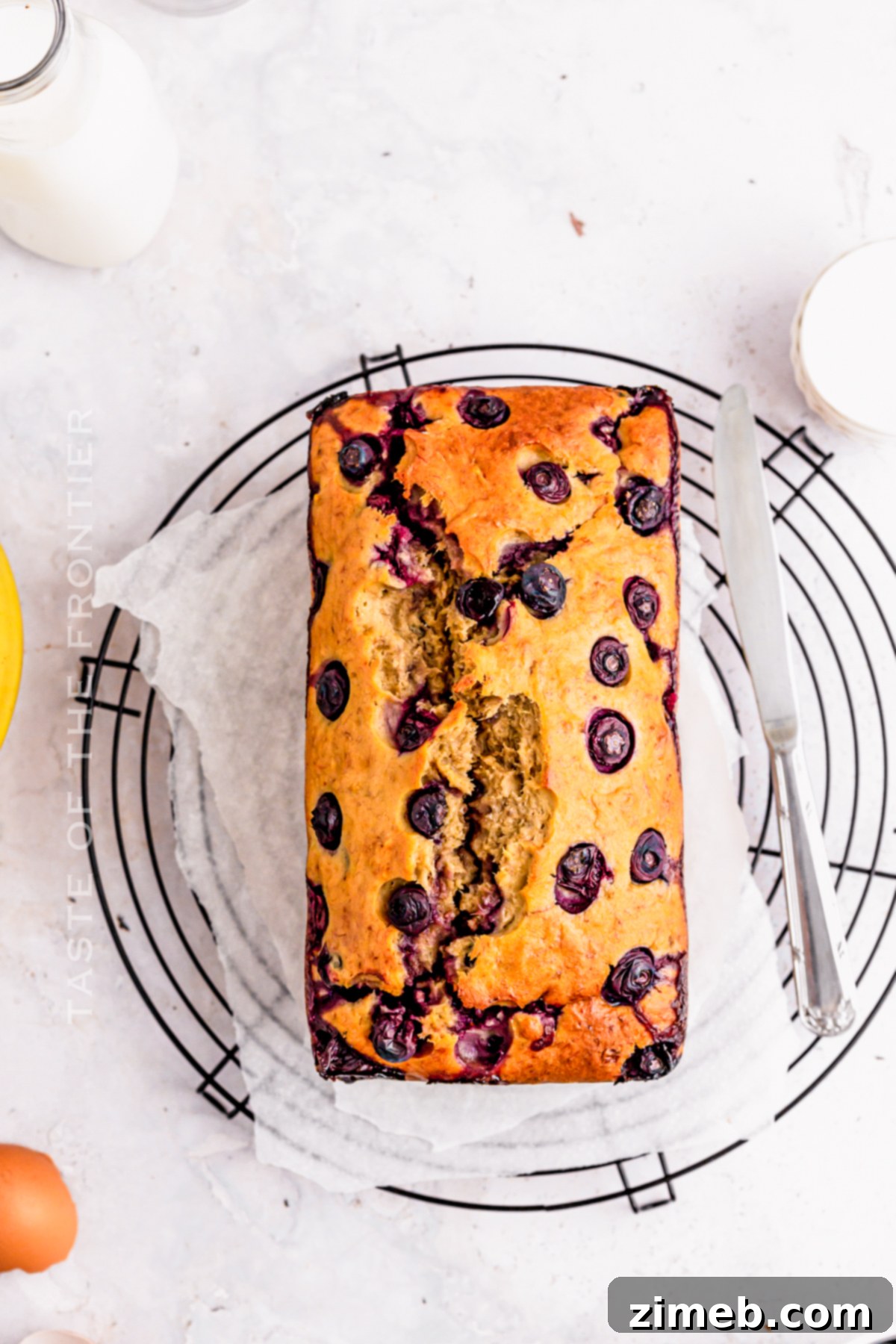 Golden Banana Blueberry Loaf 2 Baked loaf of quick banana blueberry bread