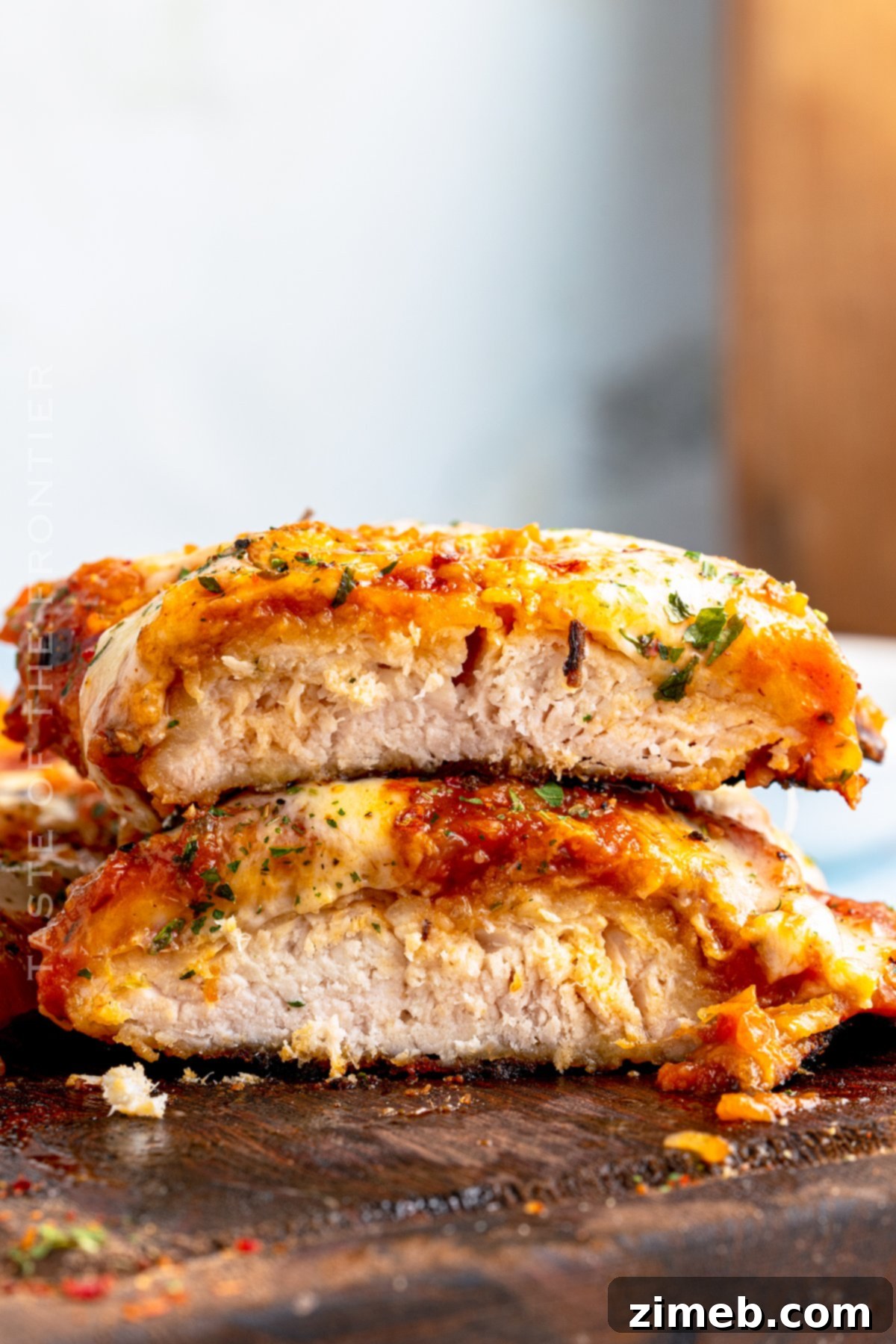 Inside view of perfectly baked chicken breast in a chicken parmesan dish.