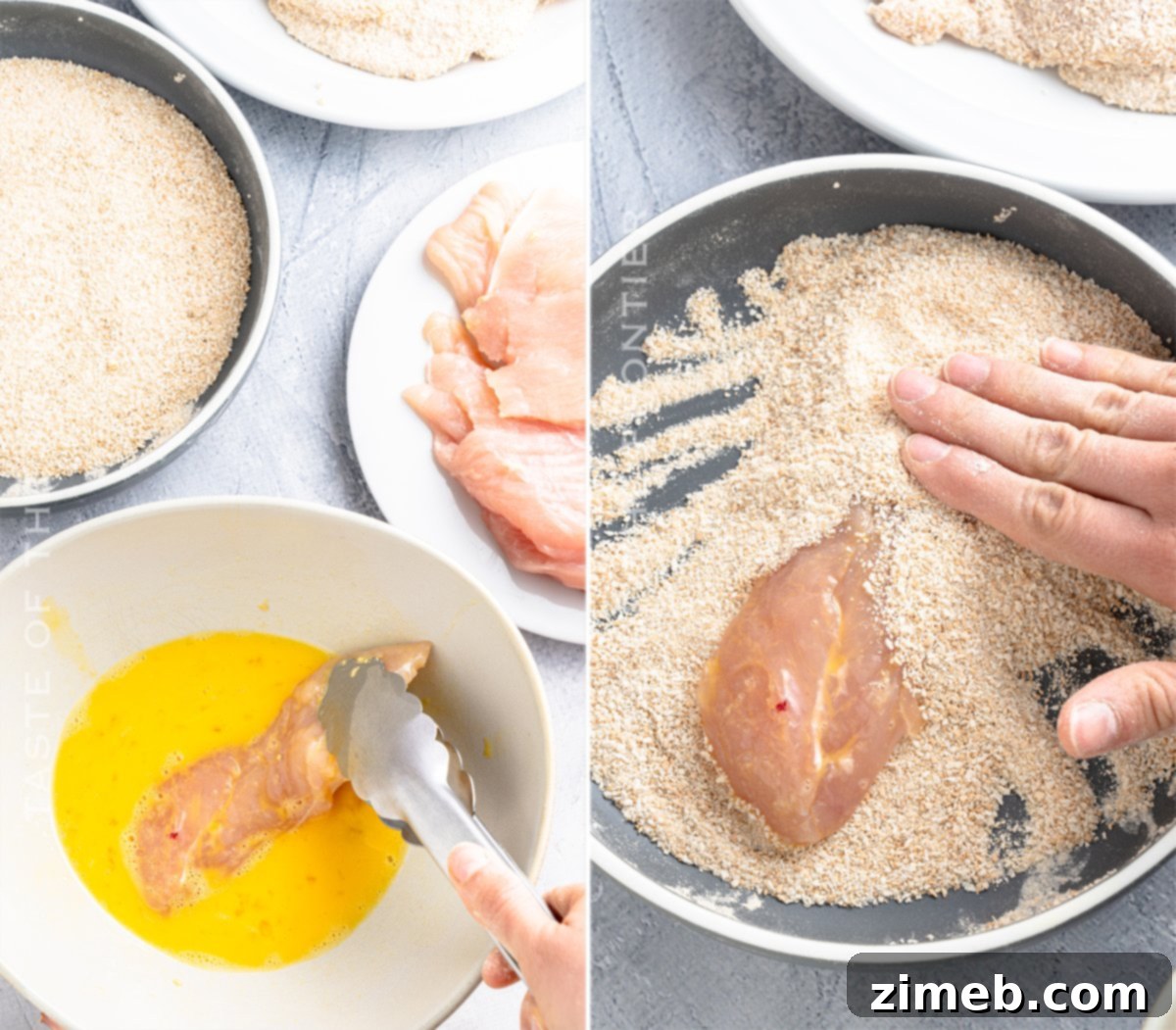 Step-by-step image showing how to add breading to chicken cutlets.