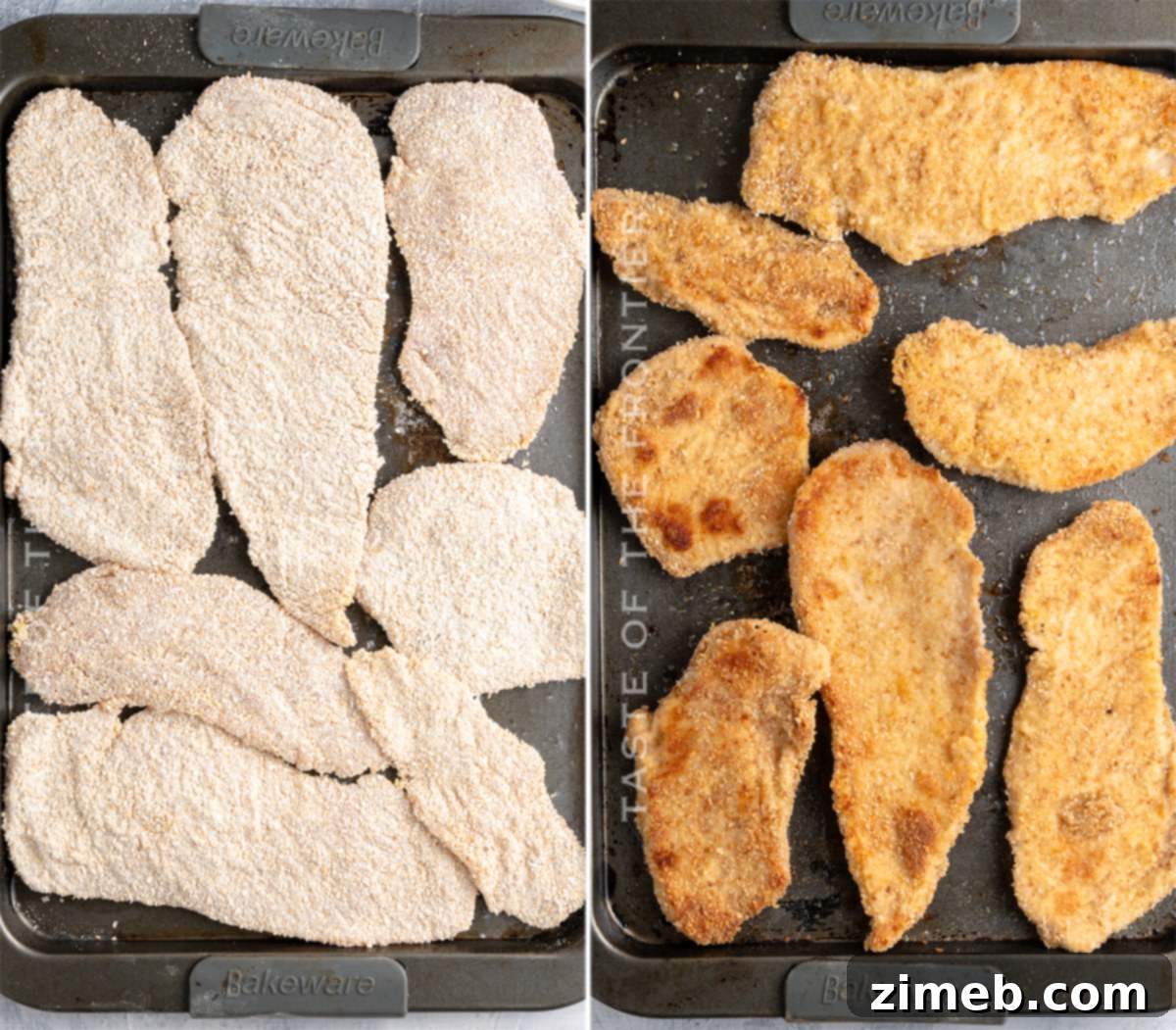 Baked breaded chicken cutlets on a baking sheet before adding sauce and cheese.