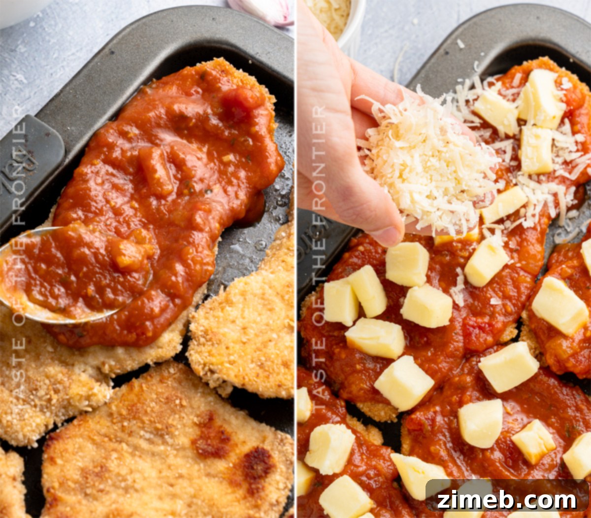 Adding cheese to breaded chicken cutlets on a baking sheet.