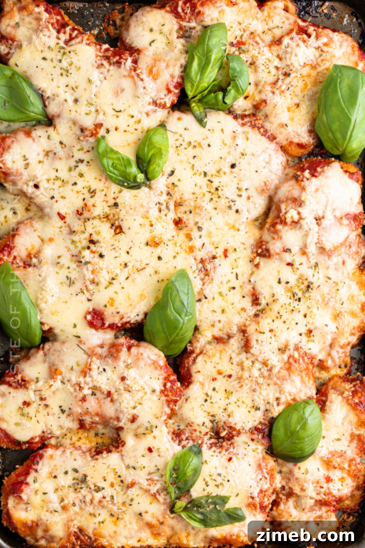 Best baked Chicken Parmesan recipe, garnished with fresh basil.