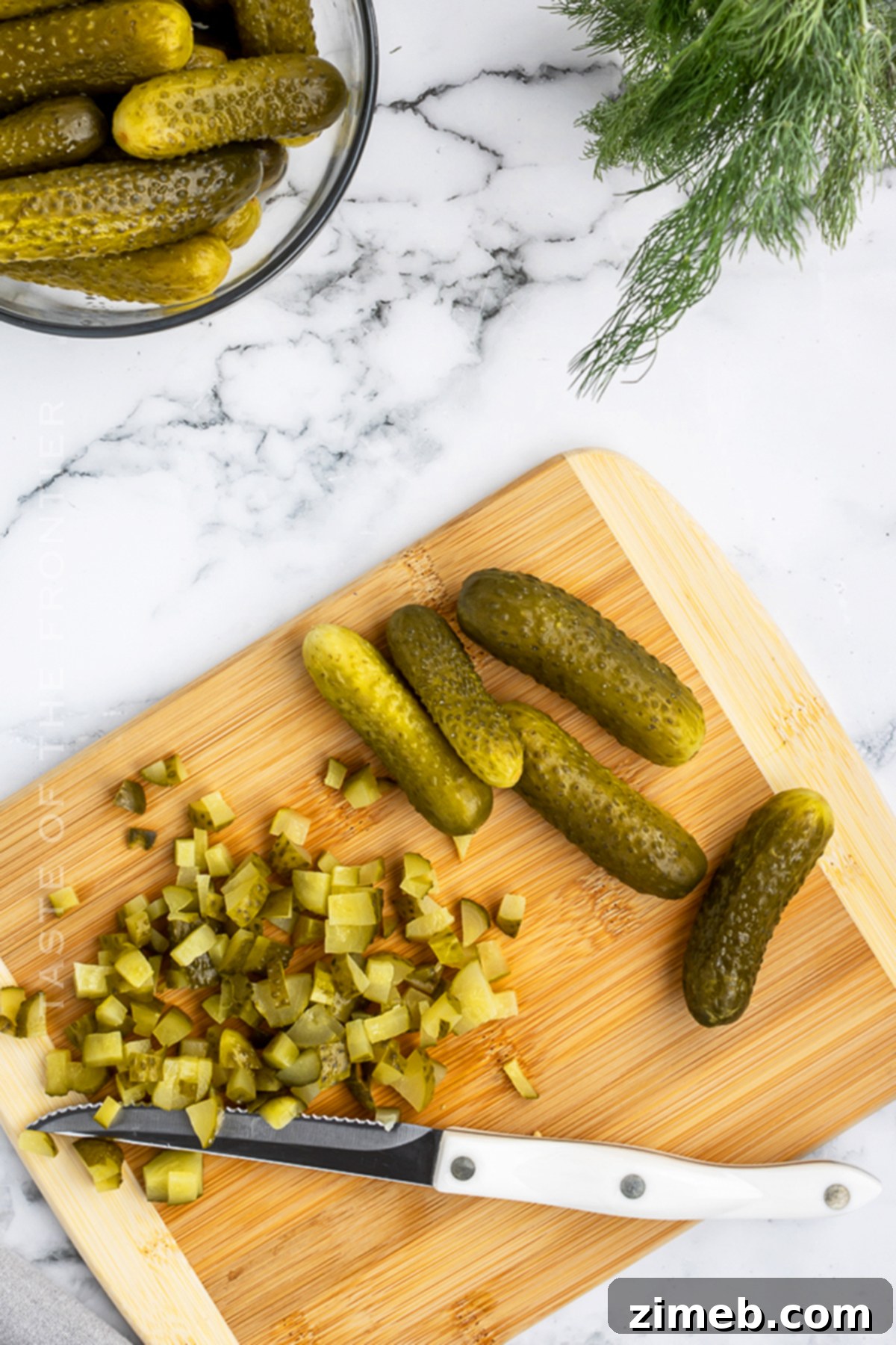 Zingy Dill Pickle Dip 5 Chopping pickles for the dip recipe
