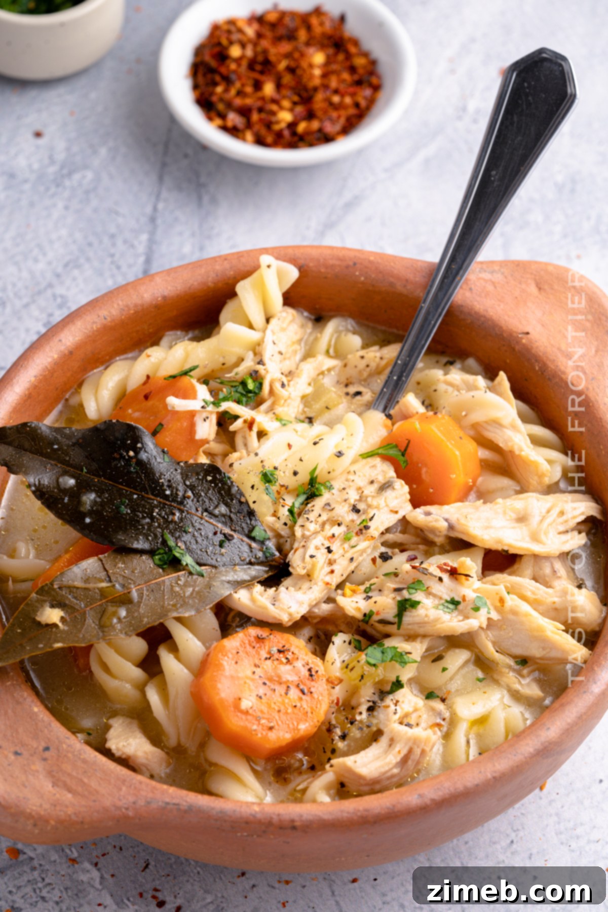 Hearty Chicken Noodle Comfort 15 A rustic overhead shot of a bowl of comforting homemade chicken noodle soup, with a spoon ready for tasting.