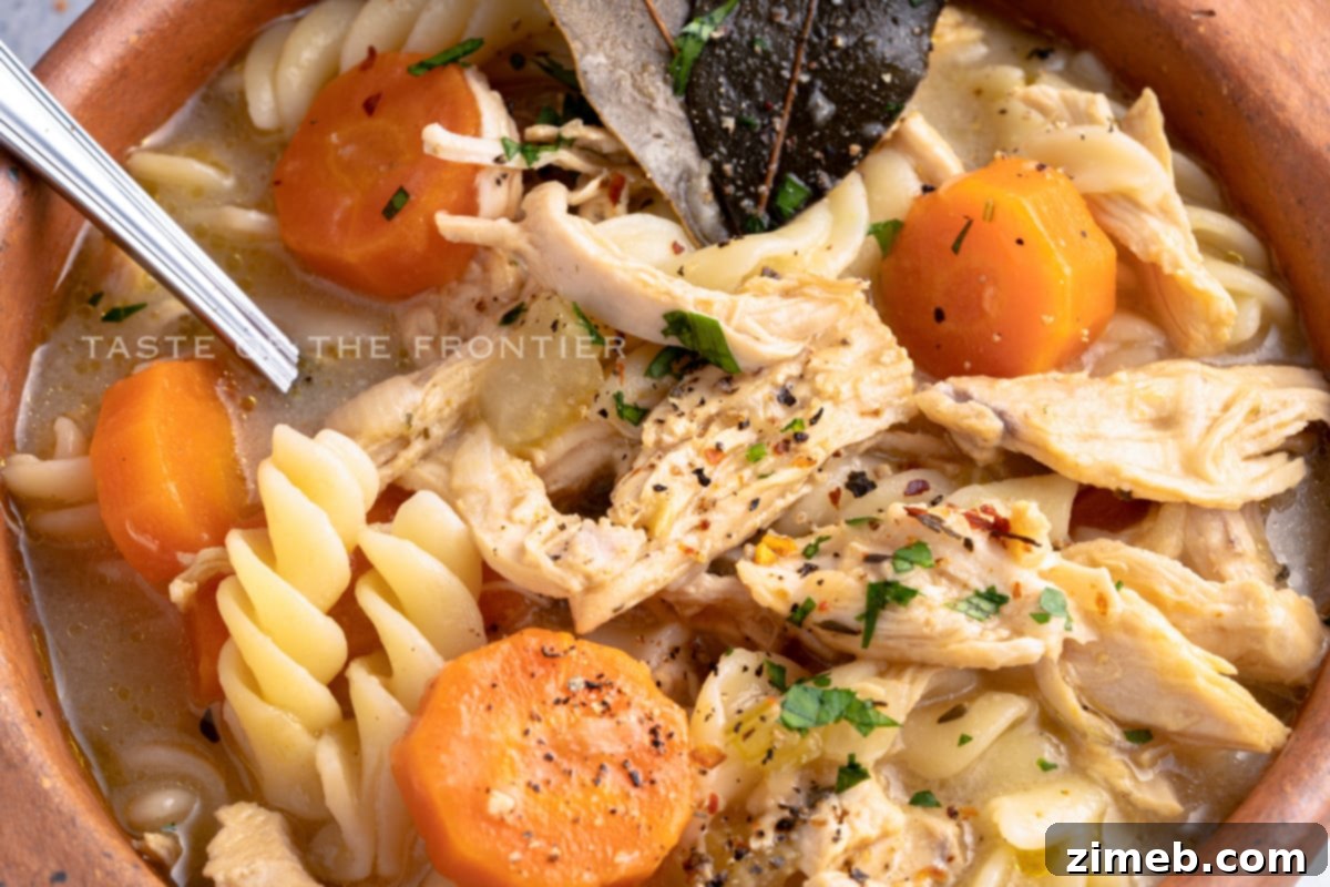Hearty Chicken Noodle Comfort 3 A bowl of creamy, comforting chicken noodle soup with fresh herbs, ideal as a quick dinner or healing meal.
