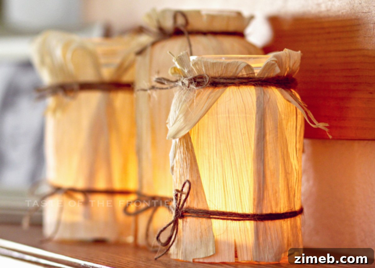 Close-up of a glowing corn husk luminary with a warm, inviting light