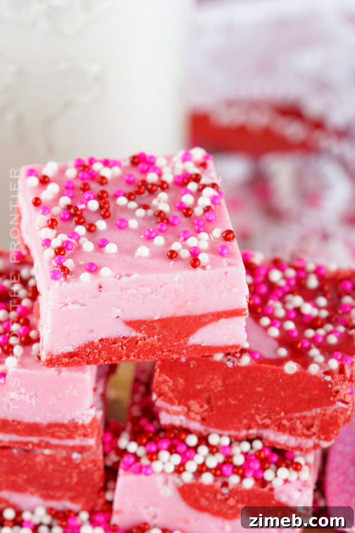 Close-up of a square of easy Strawberry Fudge with sprinkles