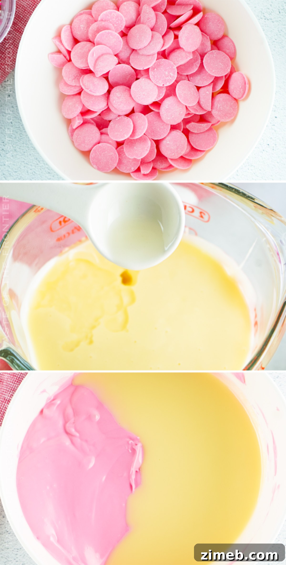 Pink fudge being poured into a pan with red fudge