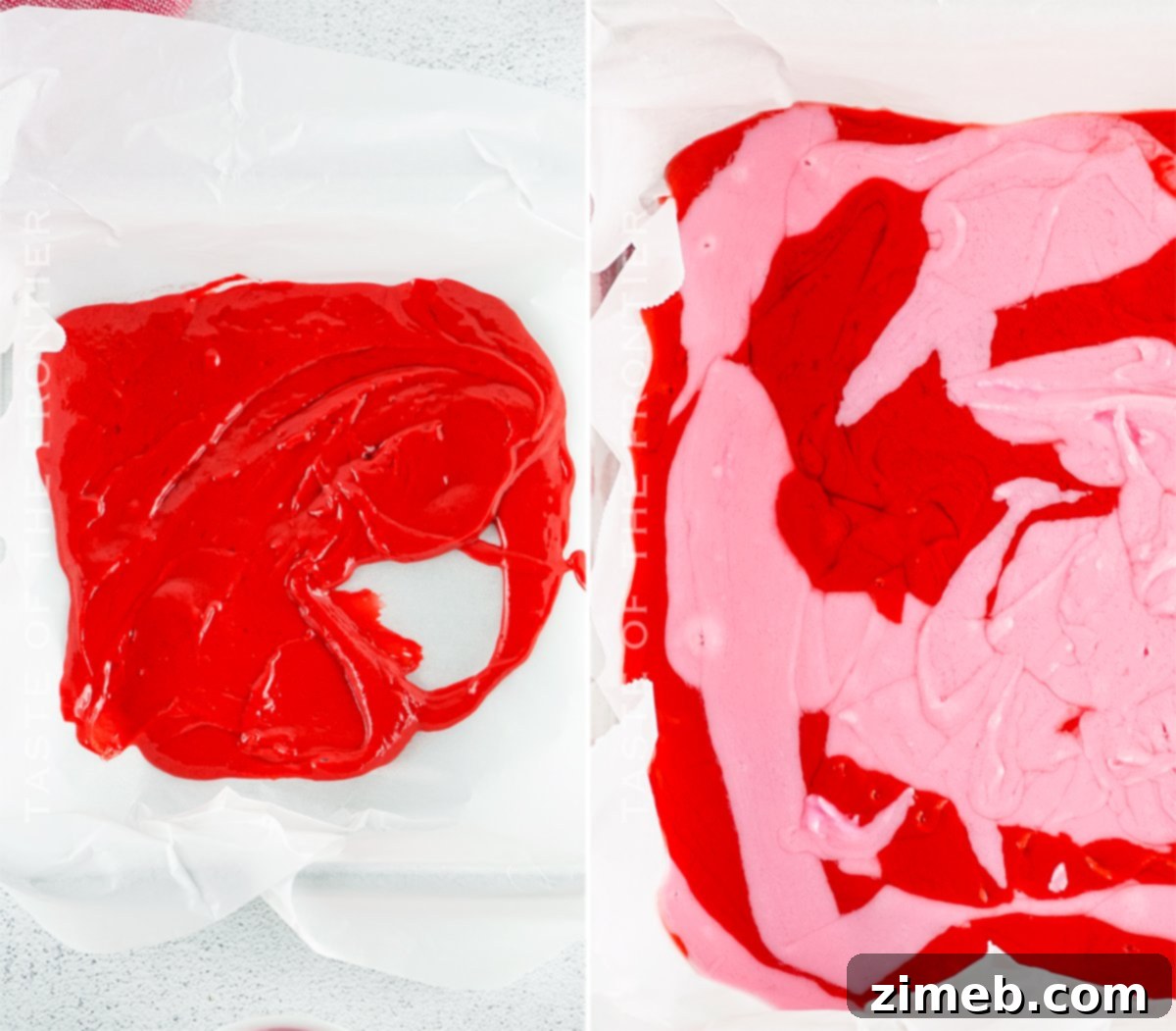 Swirled red and pink fudge in a pan