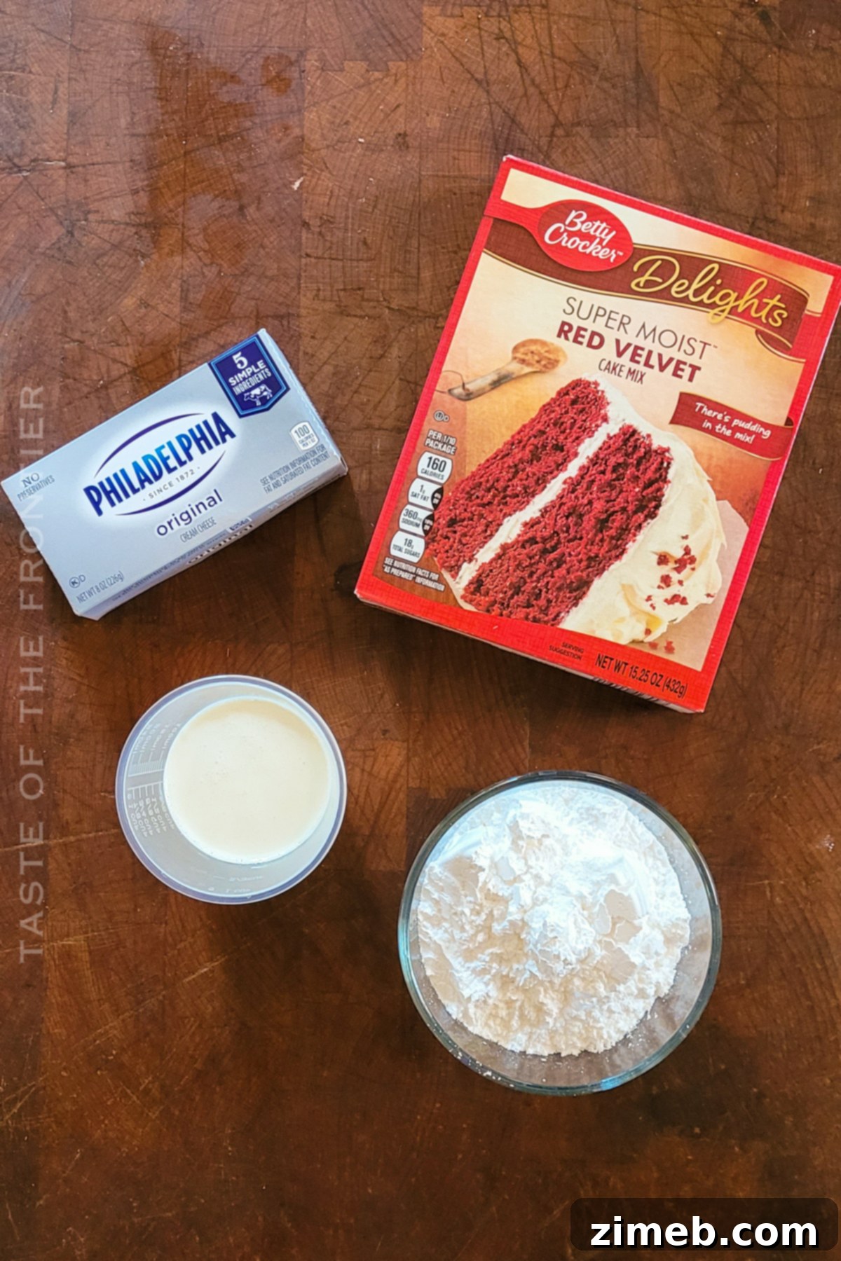 Velvet Ruby Indulgence 4 Essential ingredients for easy red velvet truffles, including cake mix, cream cheese, and confectioner's sugar.