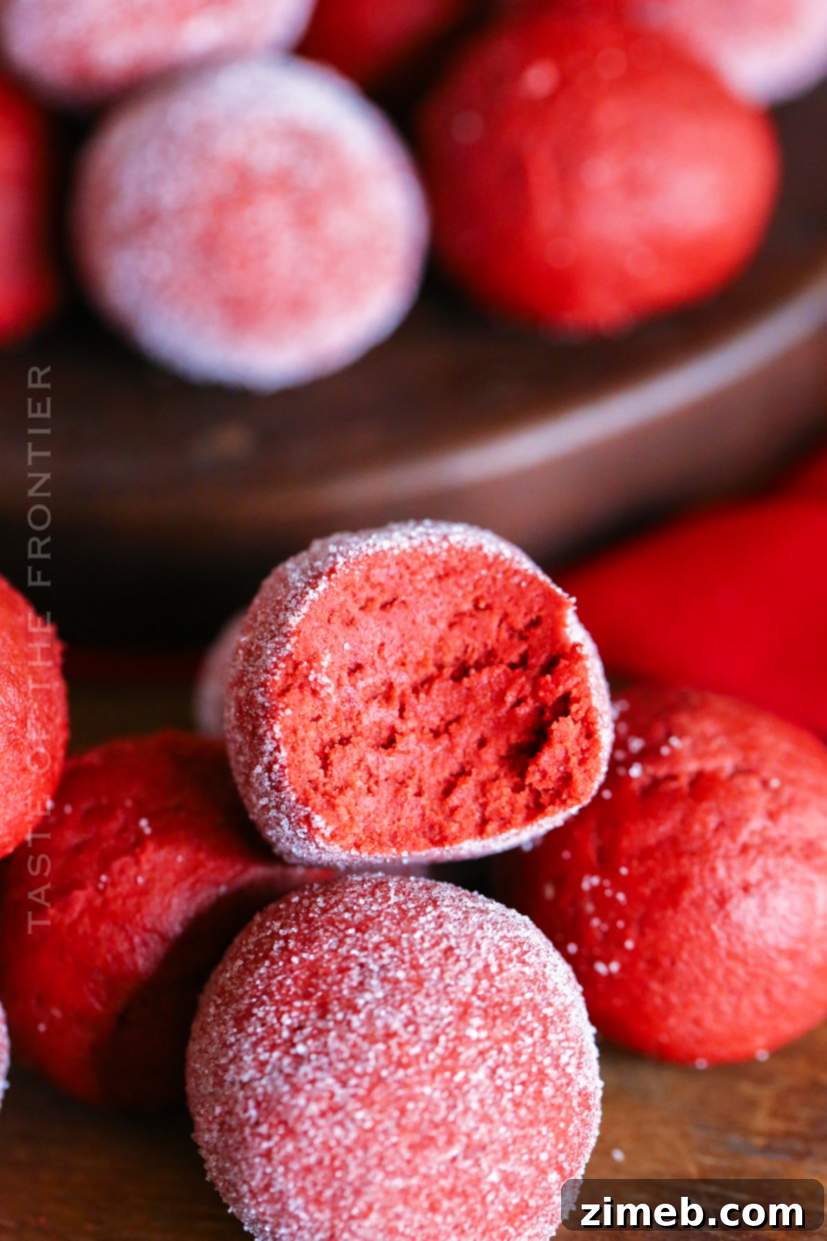 Velvet Ruby Indulgence 9 A festive pile of easy truffles made with cake mix, featuring red velvet and various coatings.