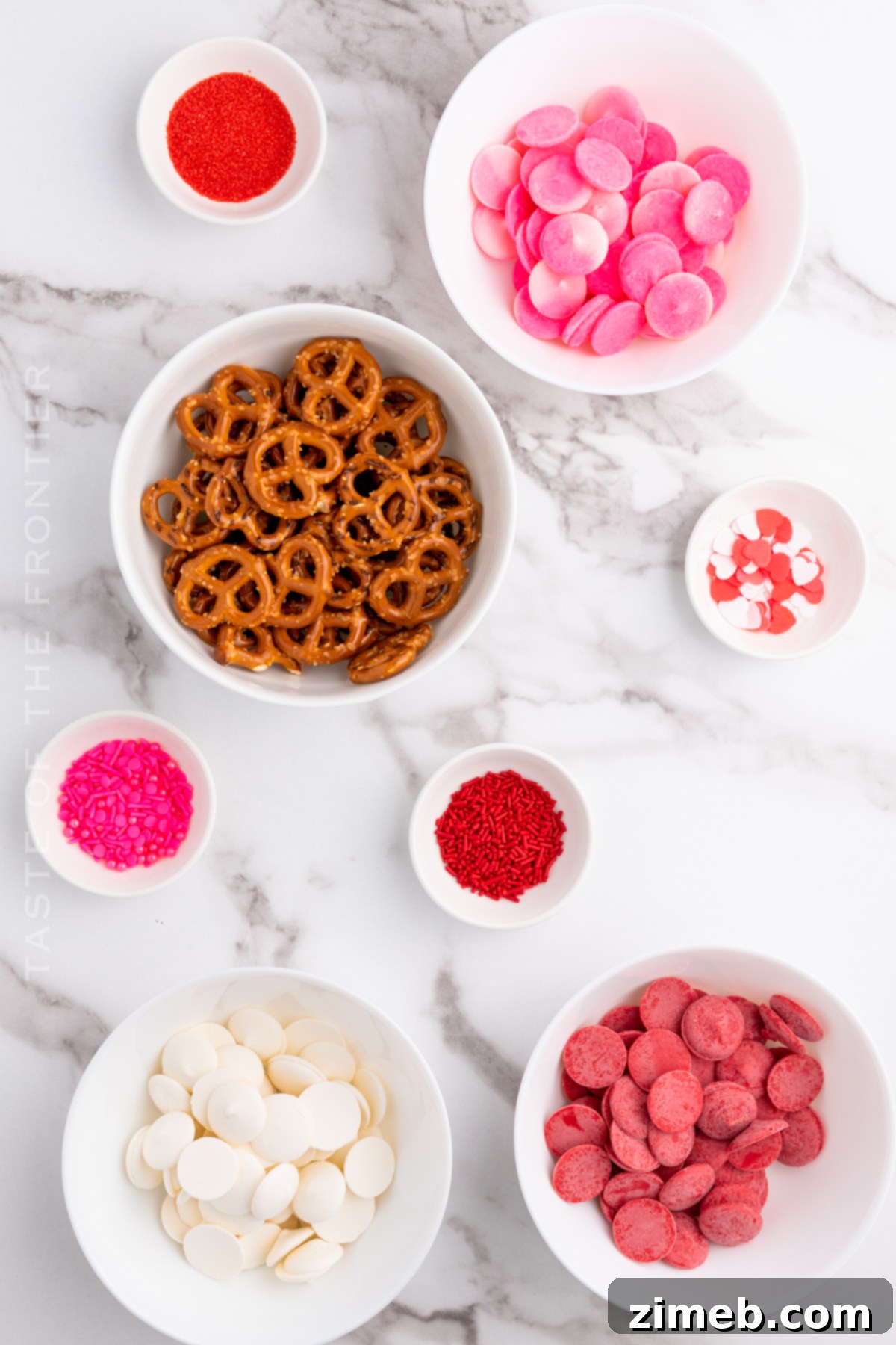 Sweetheart Pretzels 4 ingredients for Valentine’s Day Pretzels laid out