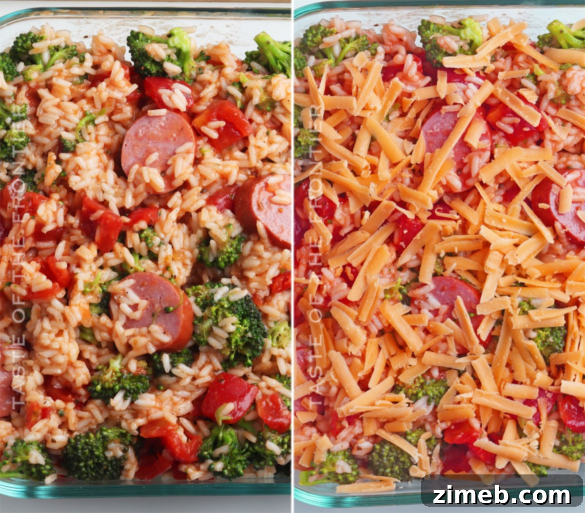 Hearty Sausage and Rice Bake 7 Sausage and Rice Casserole ready to bake in a dish