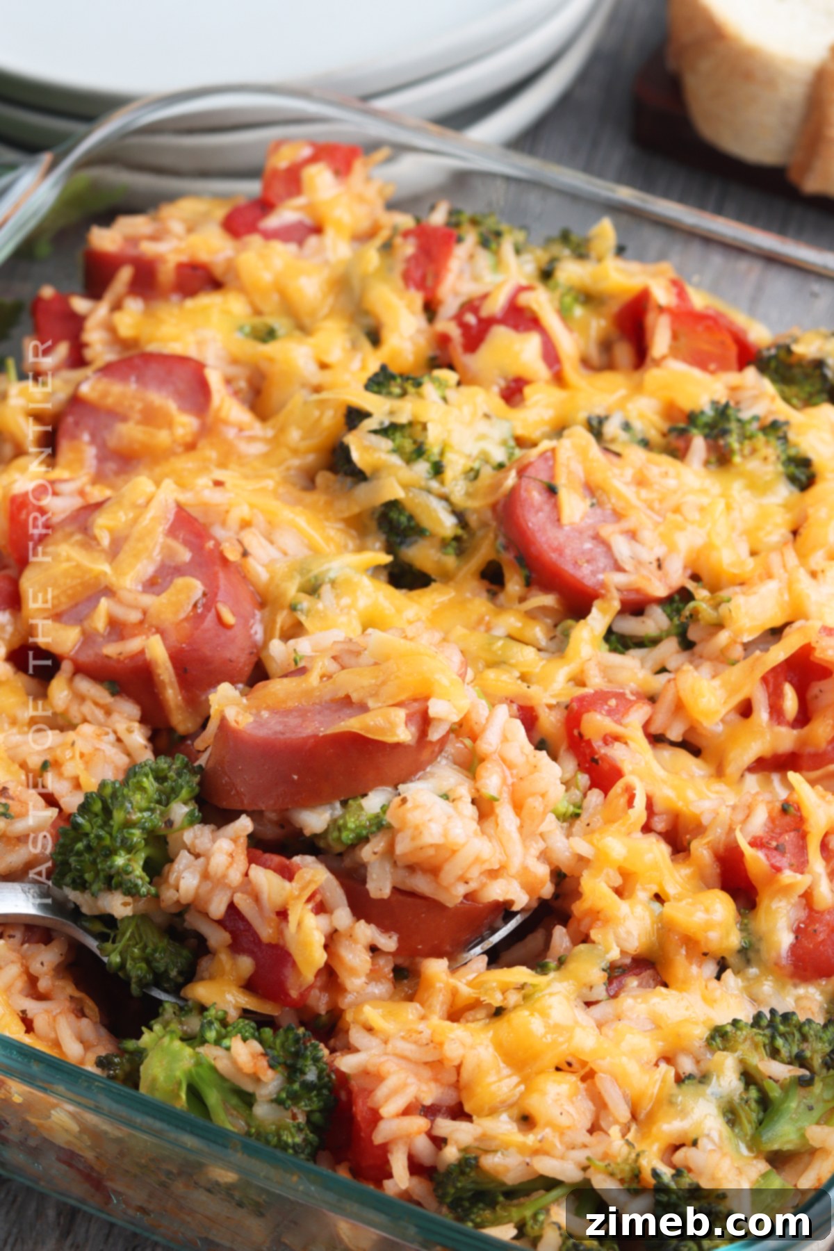 Hearty Sausage and Rice Bake 8 Close-up of casserole with sausage and rice ready to eat