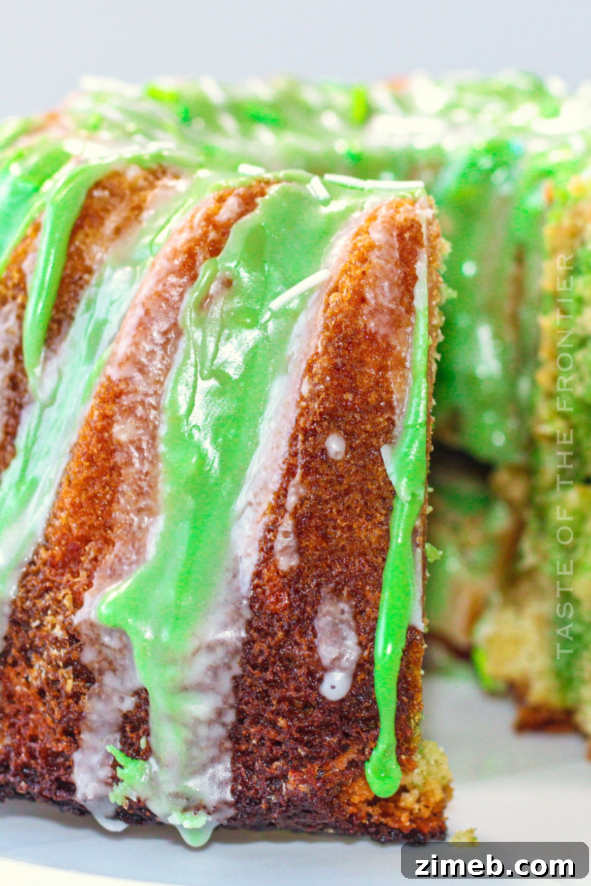 Finished recipe for St. Patrick’s Day Cake, ready to serve.