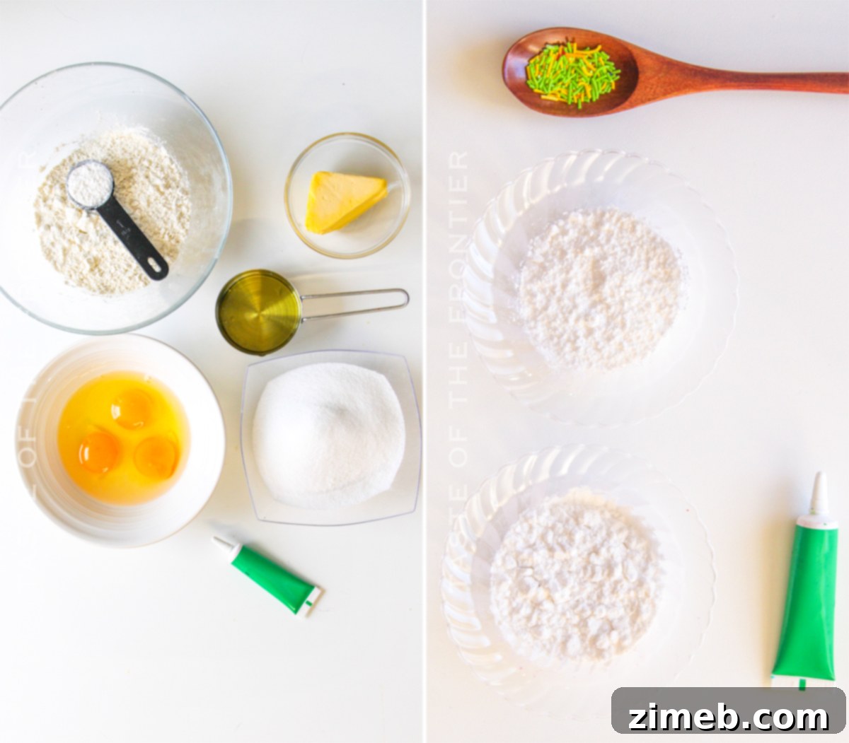 Ingredients for making a festive St. Patrick's Day Cake, including food coloring and sprinkles.