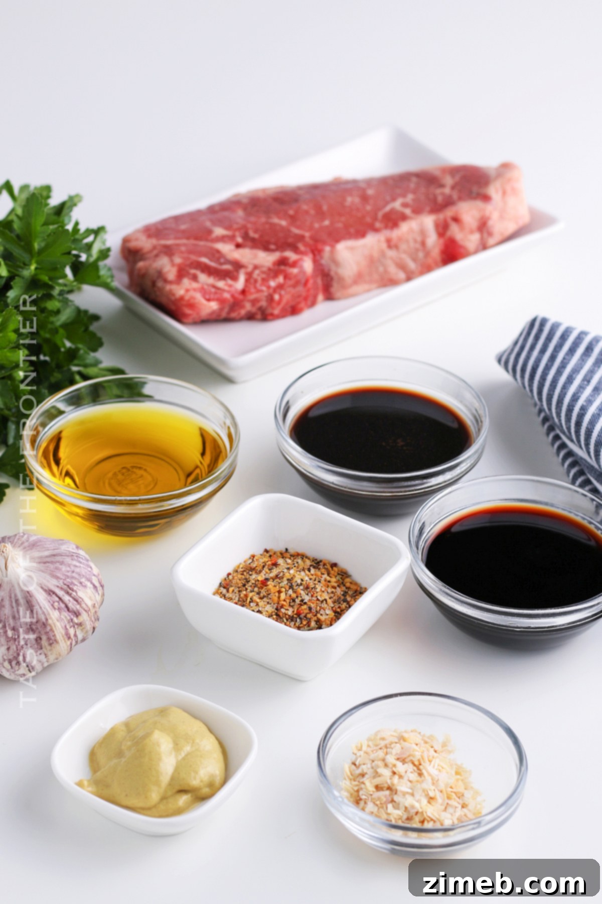 The Only Steak Marinade You'll Ever Need 4 Ingredients laid out for making The Best Steak Marinade