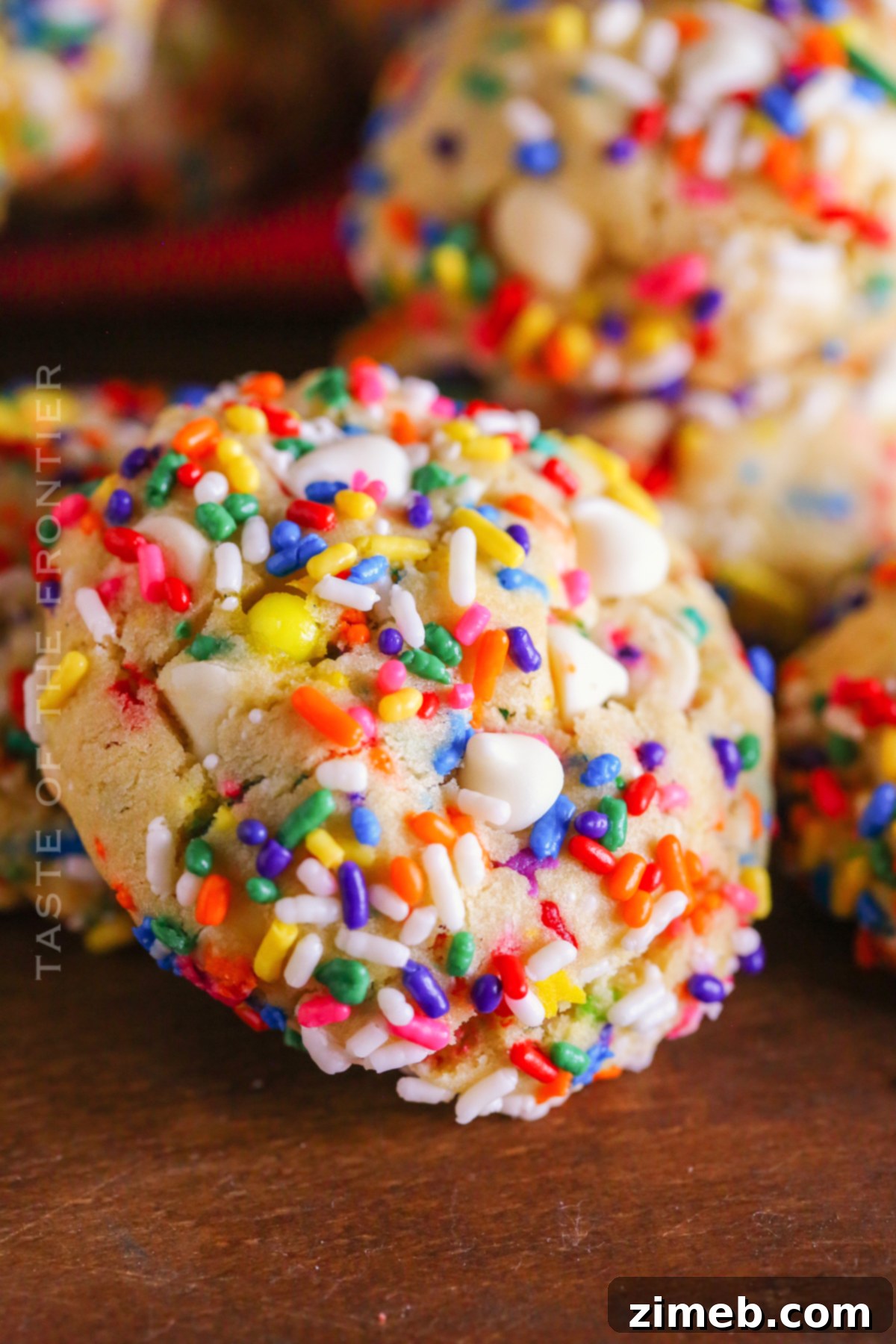 A close-up of cake batter cookies adorned with colorful sprinkles.