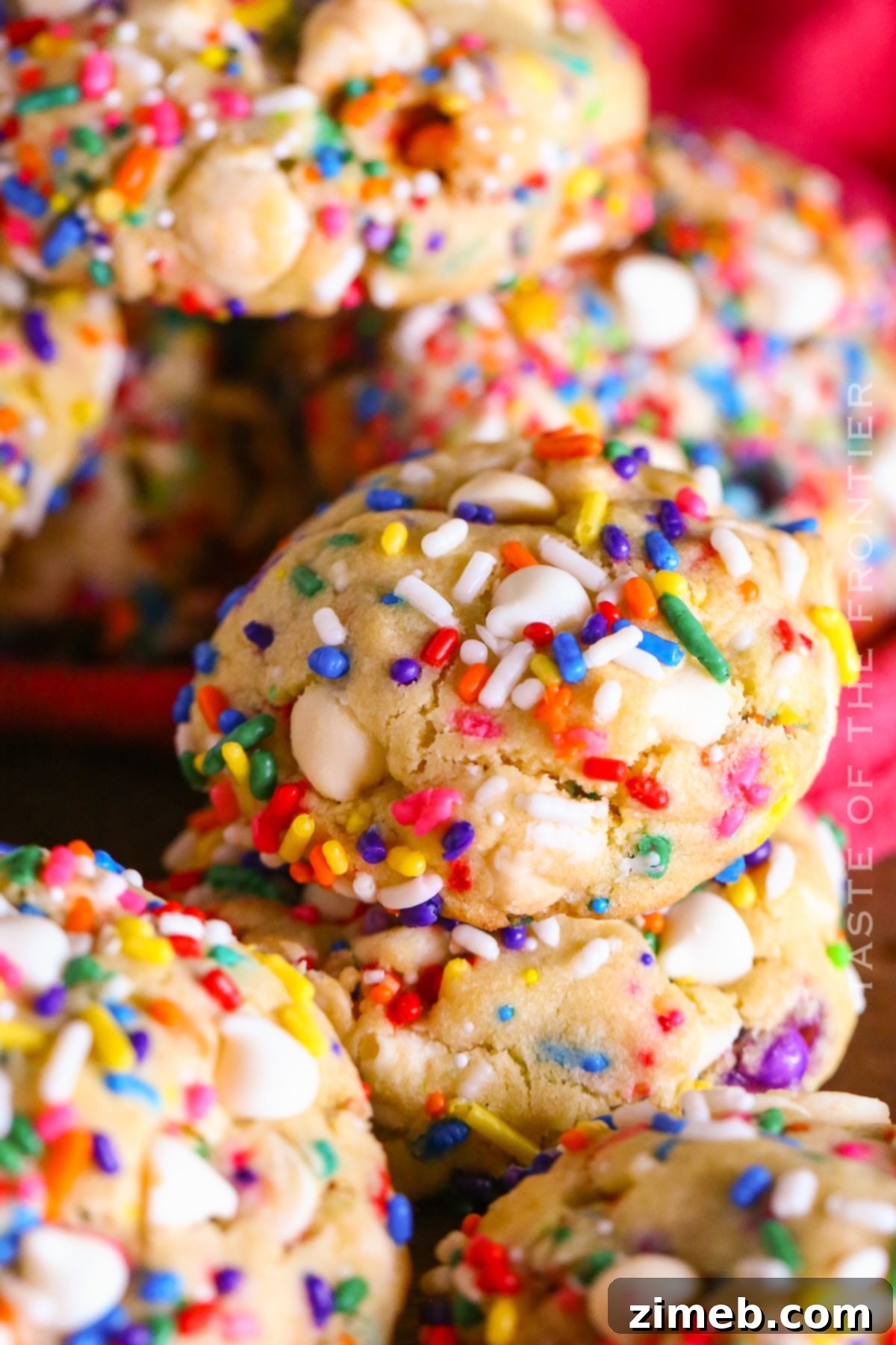 A stack of freshly baked Birthday Cake Cookies with sprinkles.