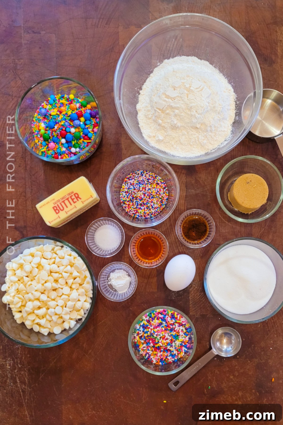 Ingredients laid out for making Birthday Cake Cookies, including butter, sugars, sprinkles, and flour.
