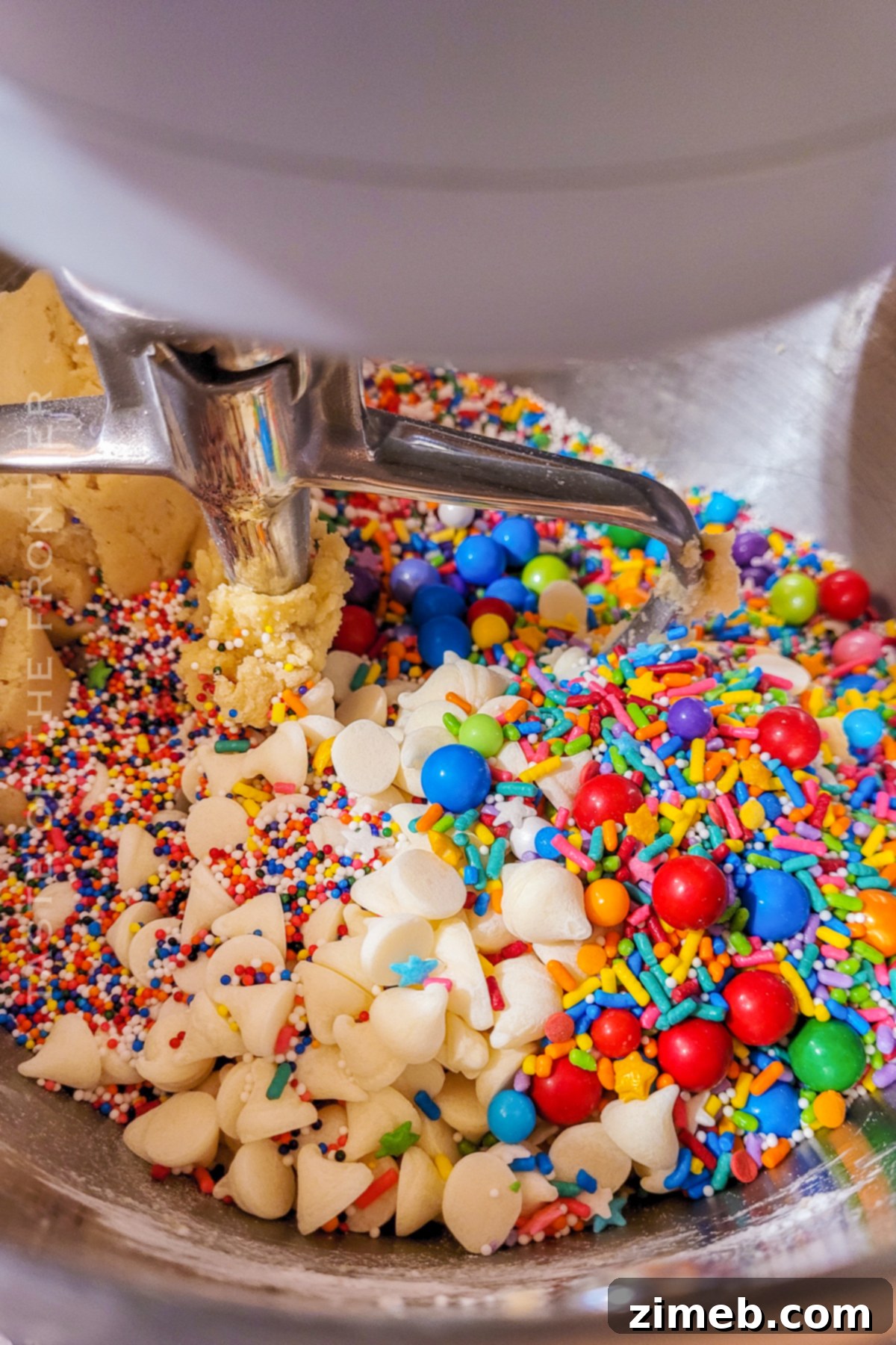 A baker adding extra sprinkles to fresh birthday cake cookies on a baking sheet.