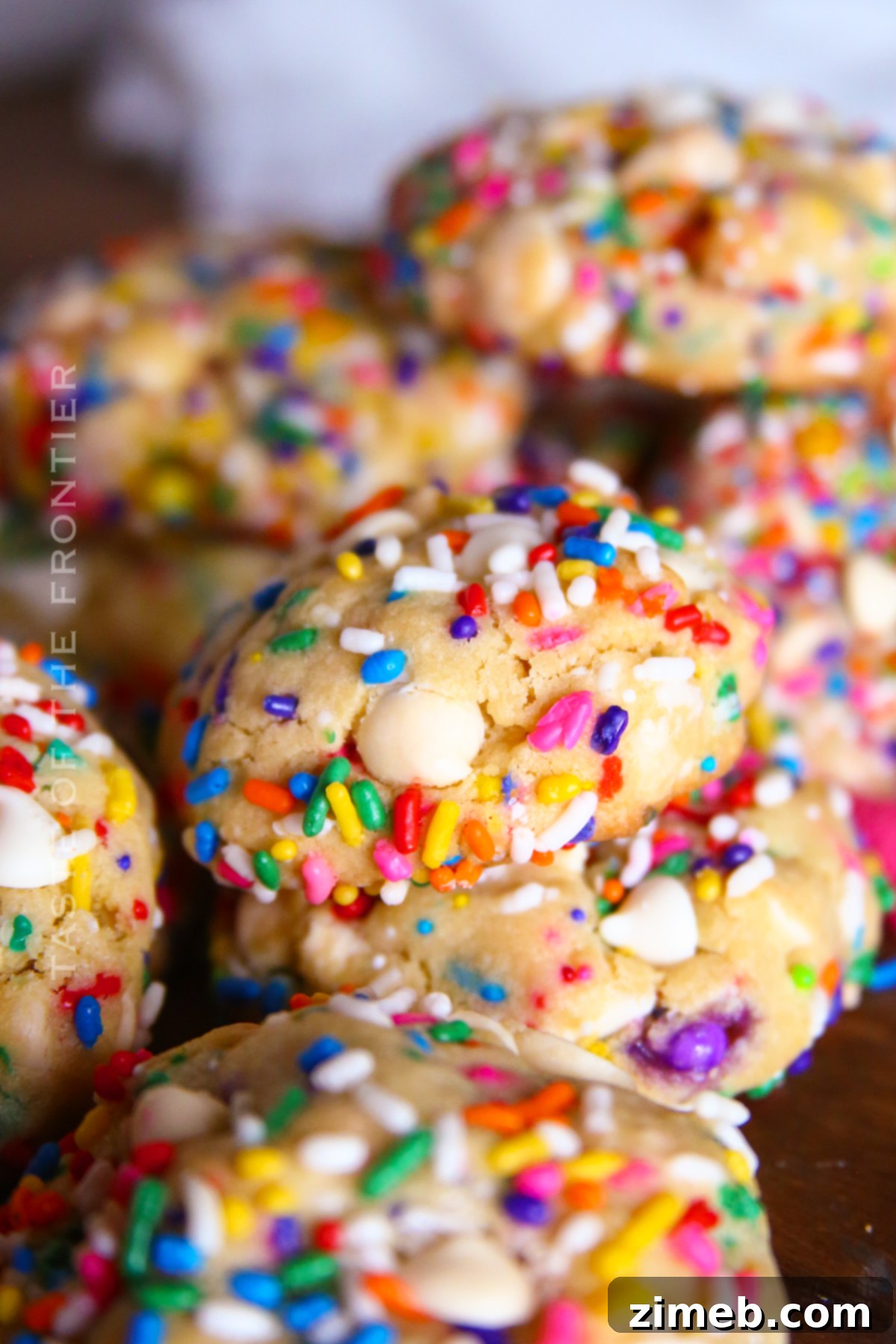Finished birthday cake cookies on a wire rack with a recipe card nearby.