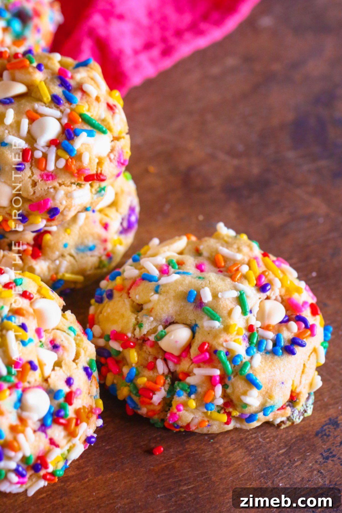 Close-up of easy no-chill sprinkle cookies, showcasing their colorful appearance.