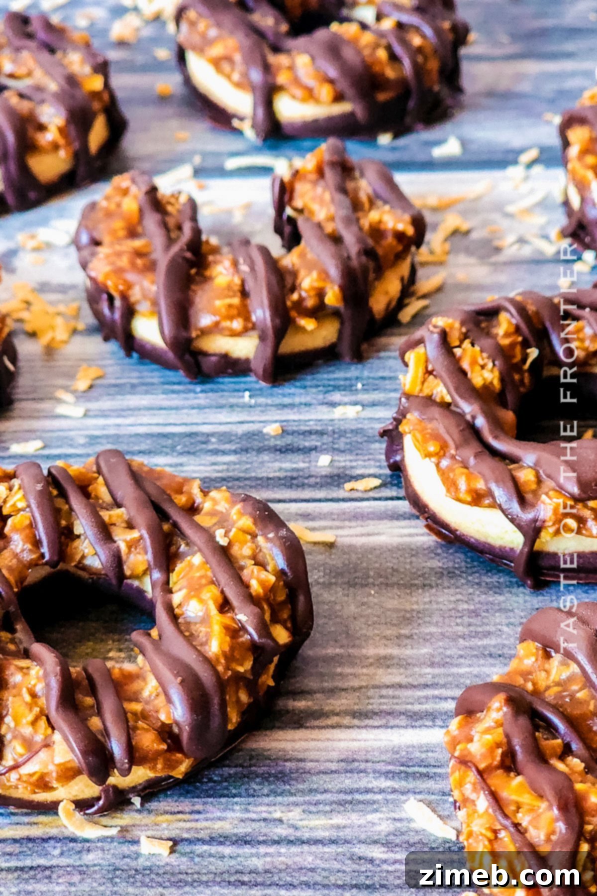 Close-up of homemade chocolate coconut cookies replicating Girl Scout Samoas