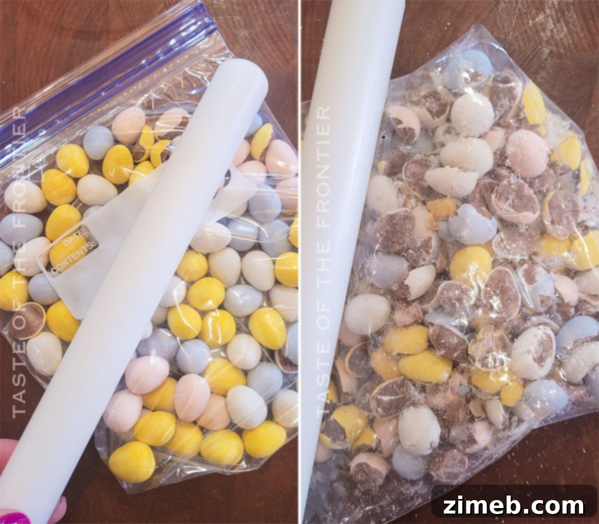 Crushing Cadbury Mini Eggs for the cookie dough