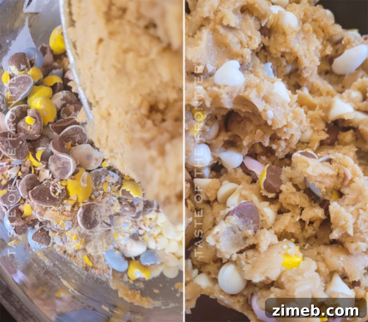 Folding candy and chocolate chips into Cadbury Egg Cookie dough