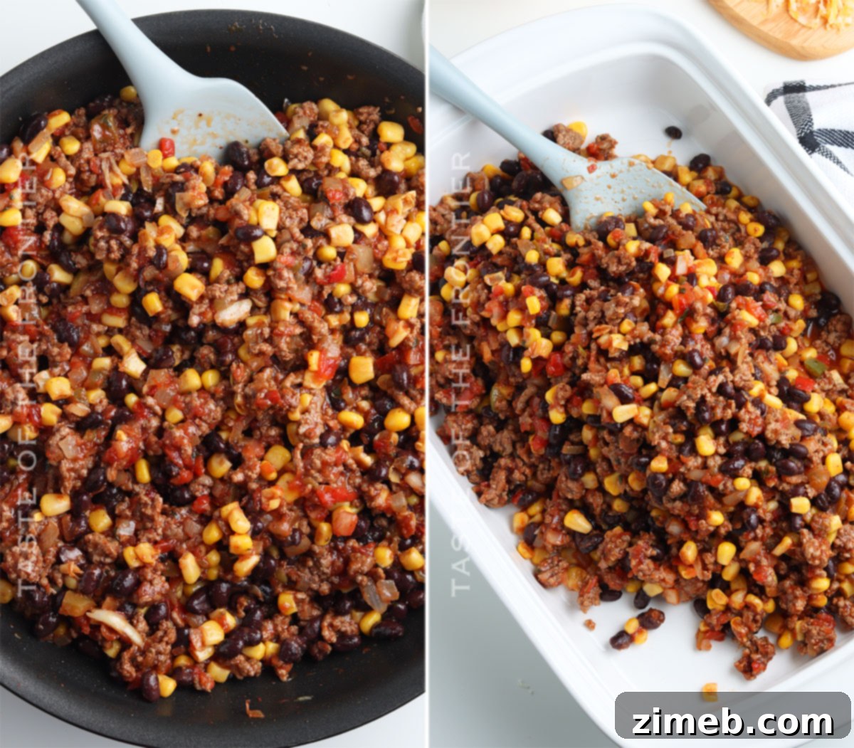 Fiesta Taco Blend 8 Assembling beef and sauce mixture for taco casserole