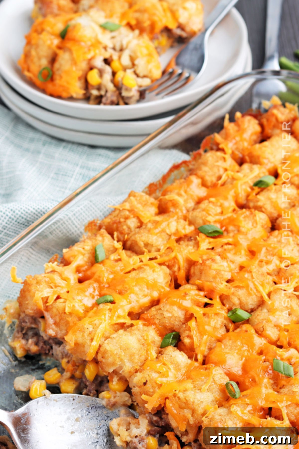 Beef casserole with golden tater tots topping