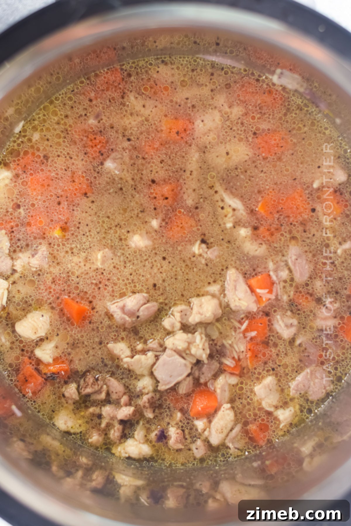 Easy Instant Pot Chicken and Rice 7 Adding broth to the Instant Pot for chicken and rice.