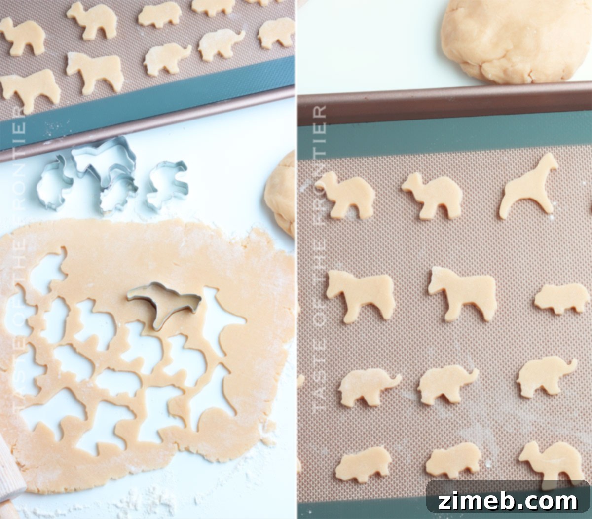 Whimsical Frosted Animal Treats 7 Rolled out cookie dough with animal shapes cut out, ready for baking.