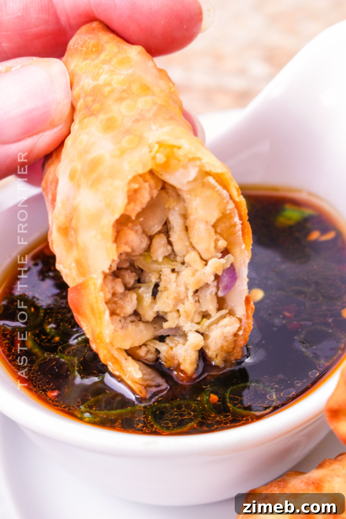 A final presentation of Air Fried Crispy Chicken Egg Rolls with dipping sauce, garnished and ready to serve.