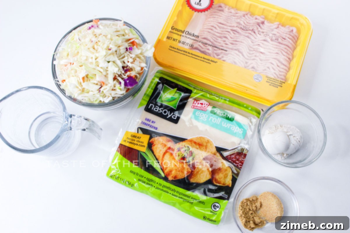 Ingredients for making Air Fried Crispy Chicken Eggrolls laid out on a kitchen counter, showcasing fresh produce, ground chicken, and wrappers.