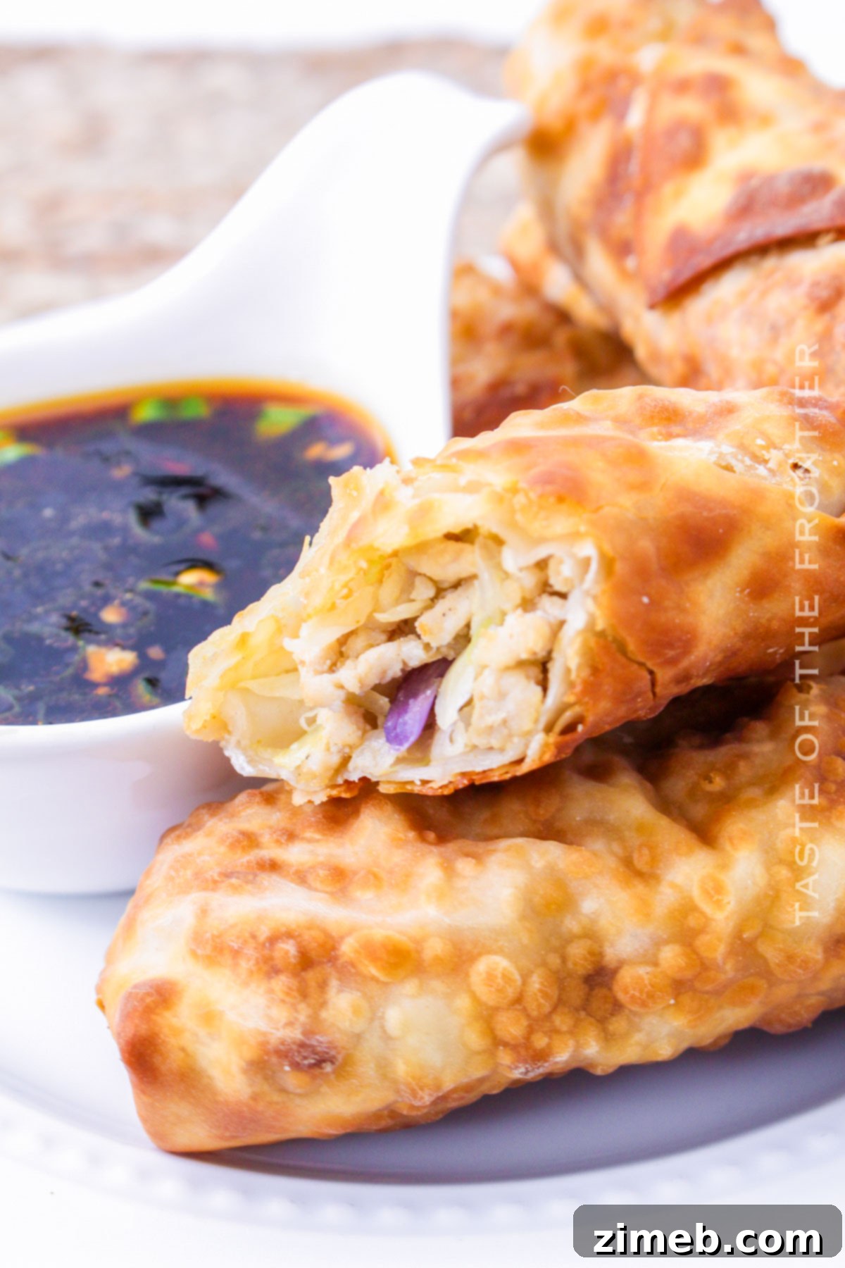 A completed plate of Air Fried Crispy Chicken Eggrolls with dipping sauce, showcasing the final delicious result.