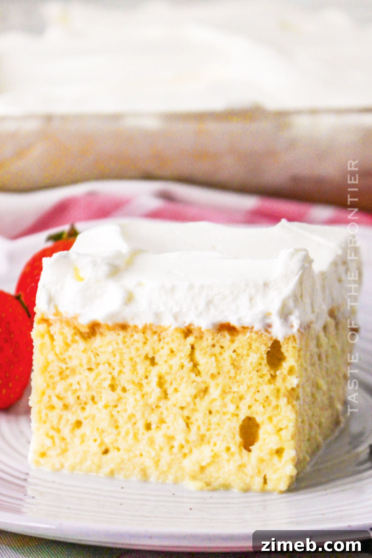 Tres Leches Cake Recipe, showcasing a beautifully moist slice with whipped cream.