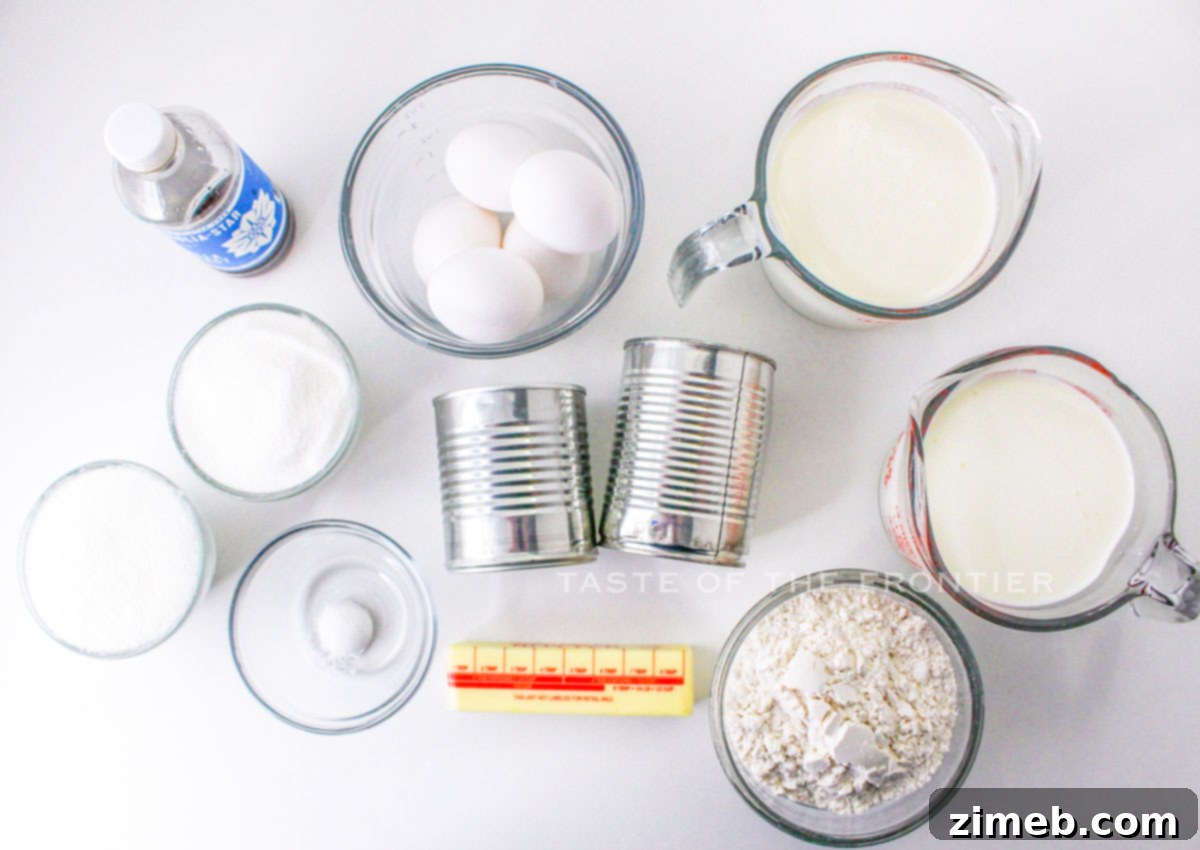 Ingredients for a classic Tres Leches Cake recipe laid out on a kitchen counter.