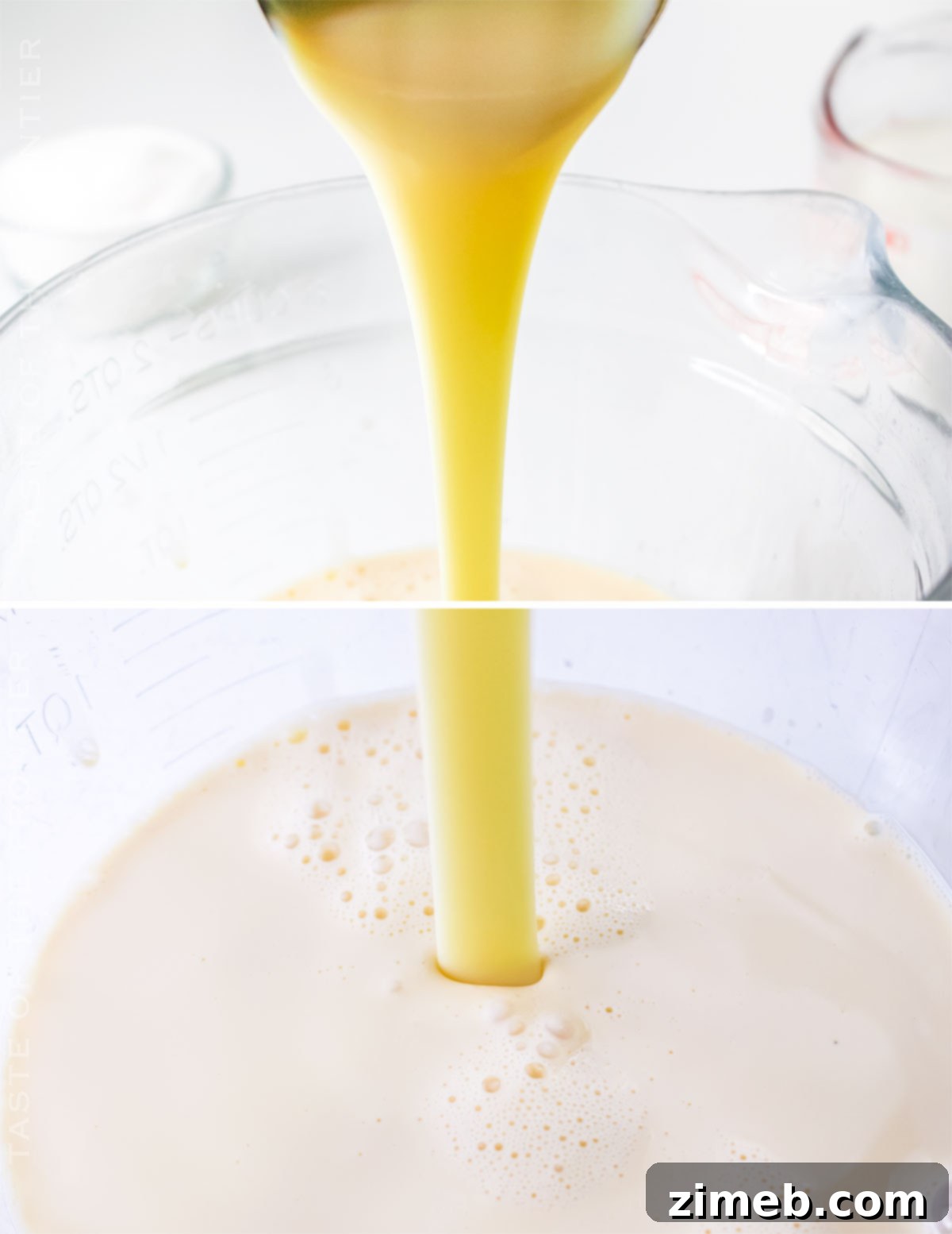 Three-milk mixture for Tres Leches Cake being whisked in a bowl.