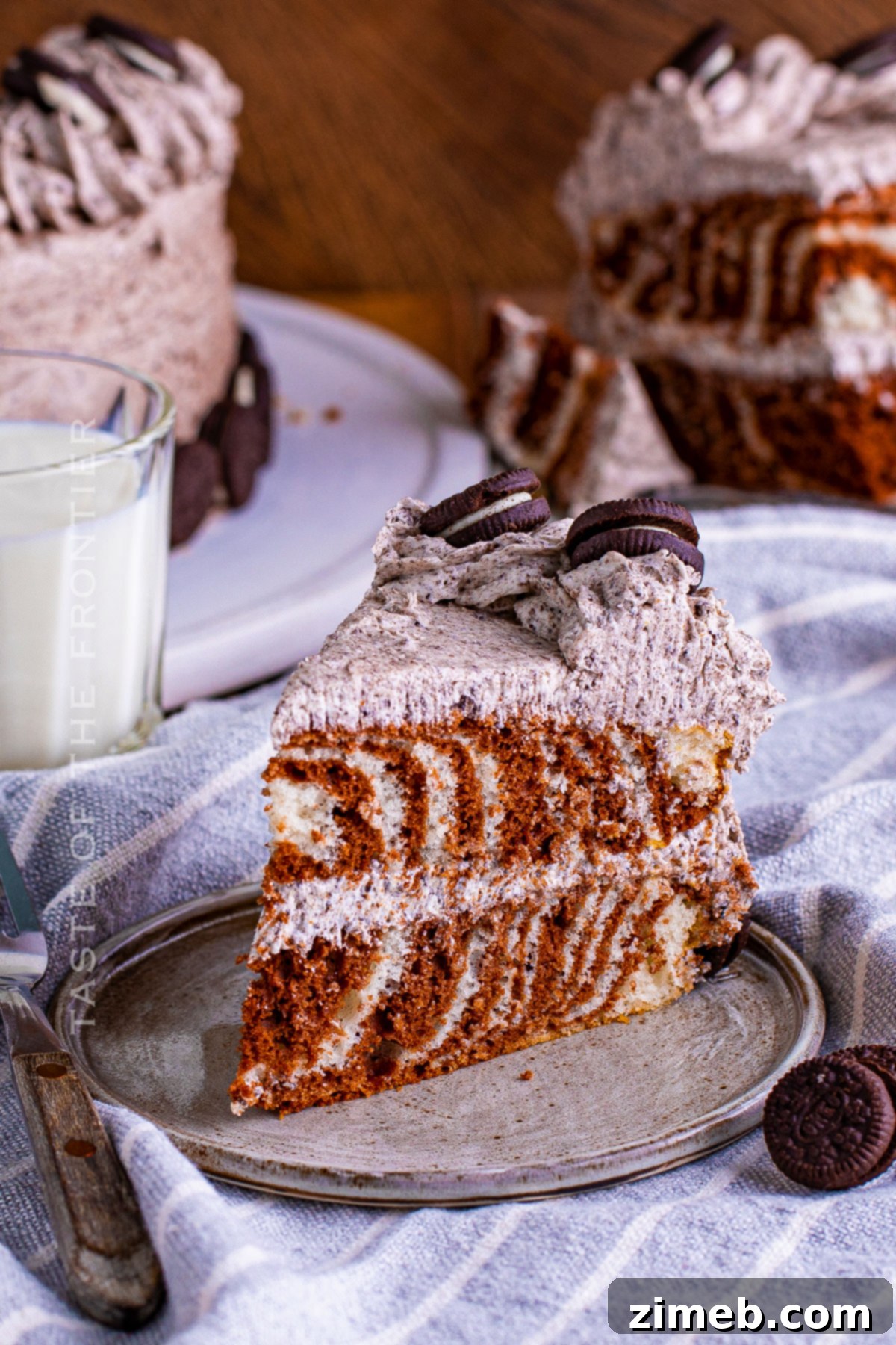 Monochrome Ripple Cake 2 Delightful Zebra Cake with Cream Cheese Oreo Frosting, perfect for any celebration.