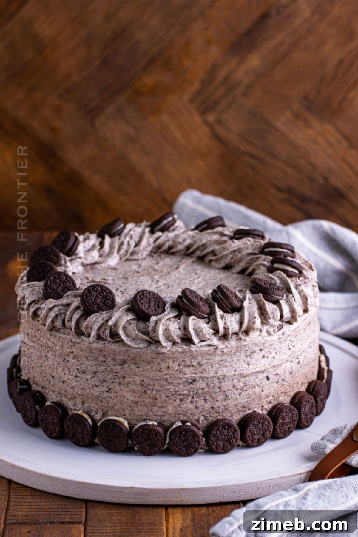 Monochrome Ripple Cake 3 Close-up of fluffy Cream Cheese Oreo Frosting on a Zebra Cake.