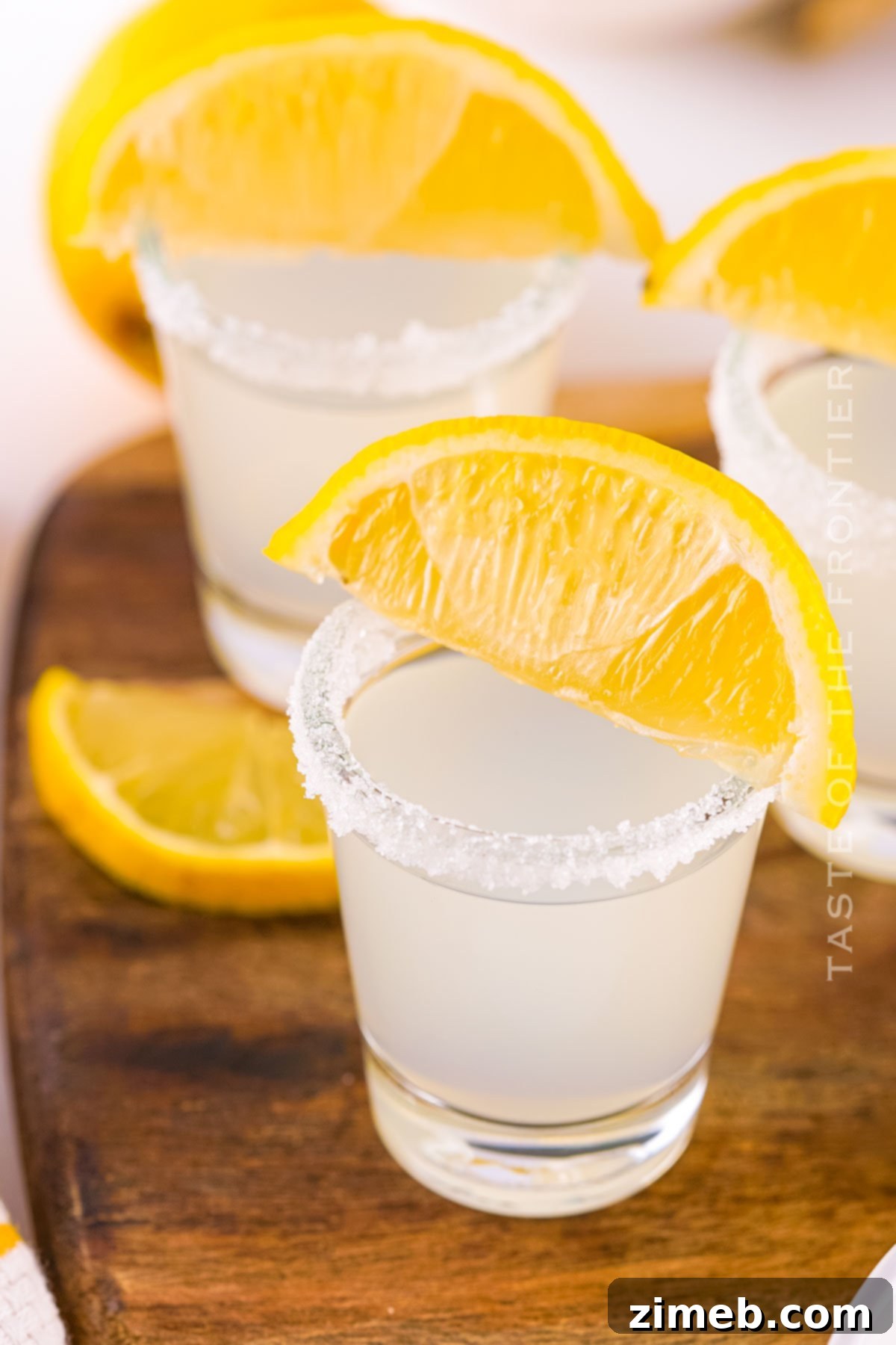 A vibrant yellow lemon drop shot, perfectly balanced between sweet and sour, ready to be enjoyed.