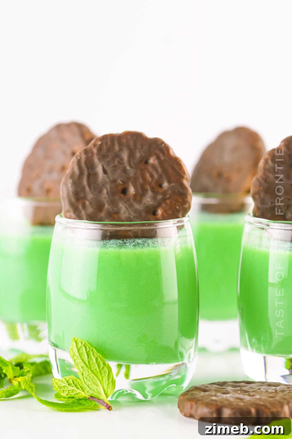 Midnight Thin Mint Shooters 2 Close-up of three Dirty Girl Scout Shots in shot glasses, garnished with a Thin Mint cookie, showcasing the creamy green color of the drink.