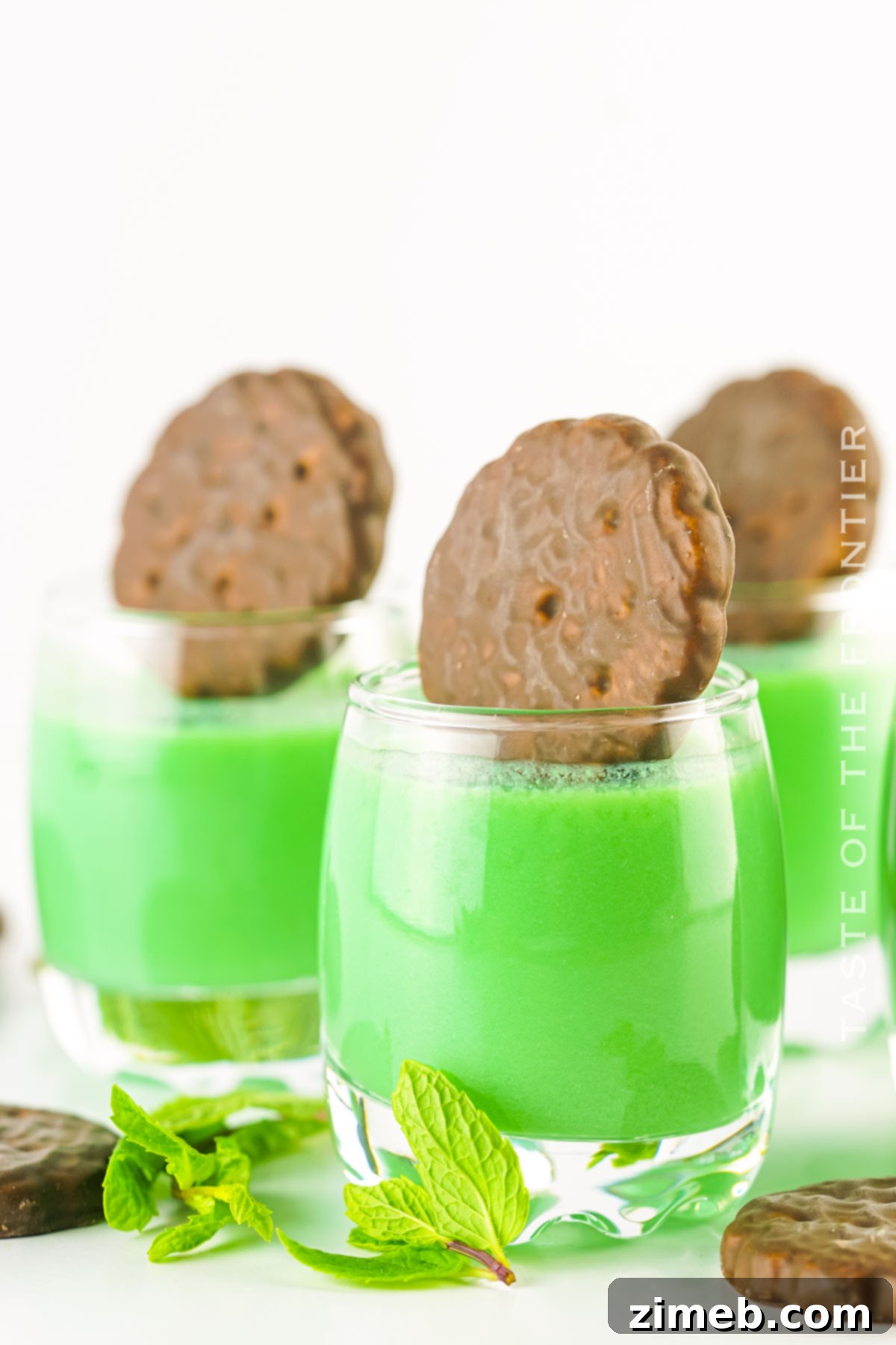 Midnight Thin Mint Shooters 15 A Dirty Girl Scout Drink in a shot glass, featuring the creamy green color and a Thin Mint cookie garnish.