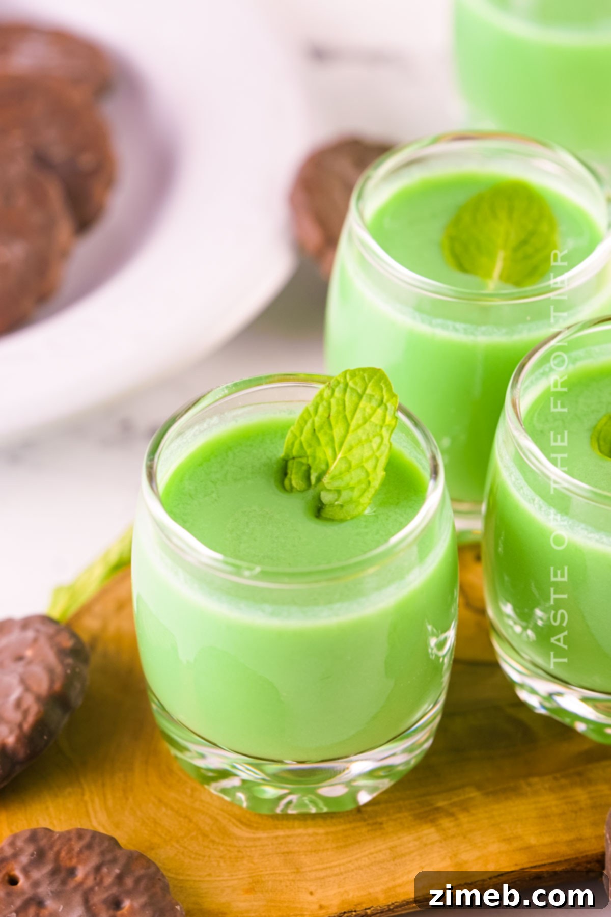 Midnight Thin Mint Shooters 9 A shot glass filled with a Dirty Girl Scout Shot, garnished with a Thin Mint cookie, against a bokeh background, highlighting the mint cookie flavor.