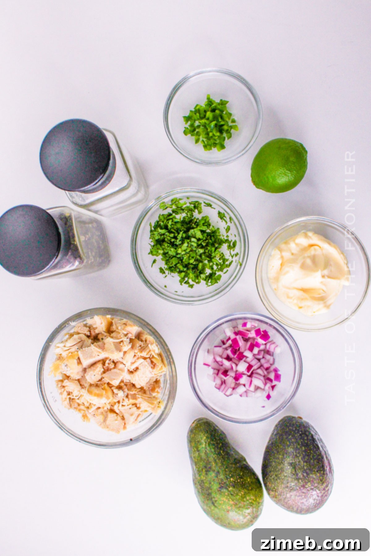 Easy Creamy Avocado Chicken Salad 4 All the ingredients for avocado chicken salad laid out on a white surface, including chicken, avocado, red onion, cilantro, and lime.