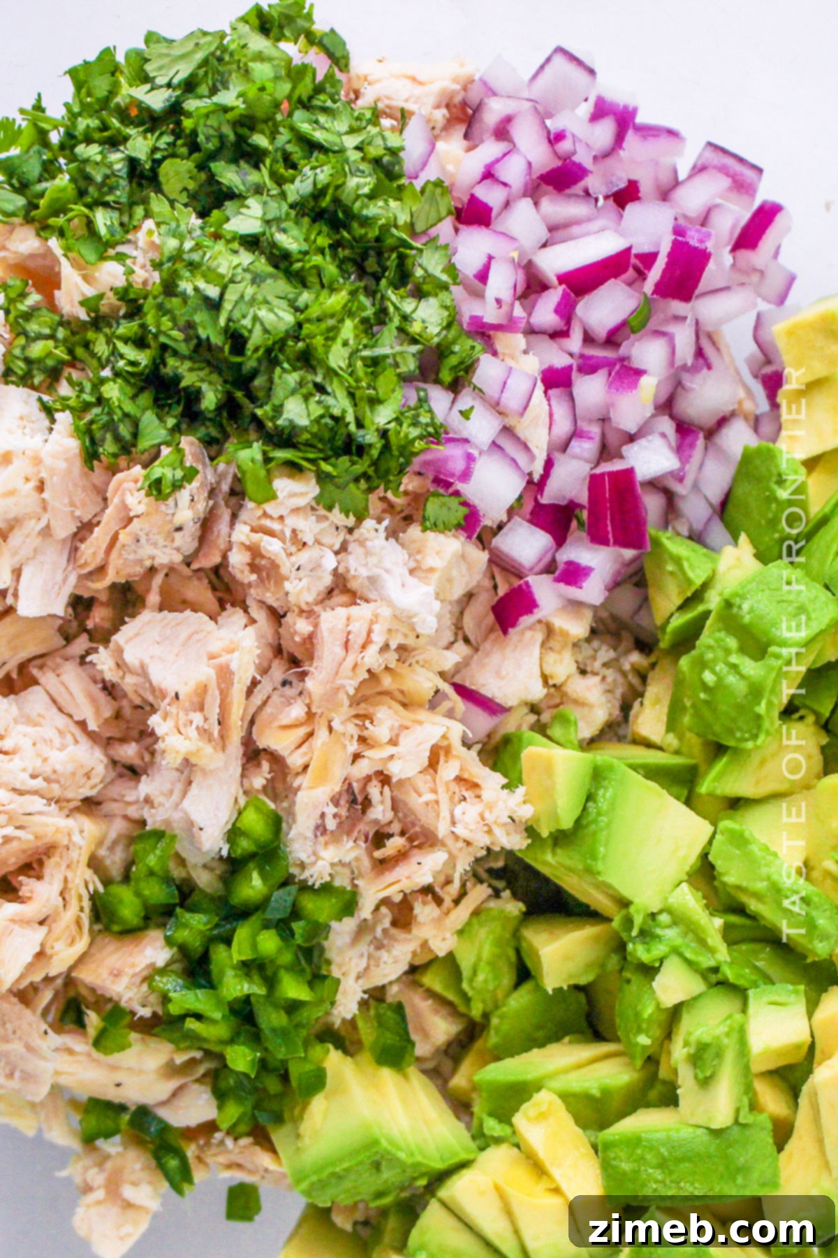 Easy Creamy Avocado Chicken Salad 7 A bowl of easy avocado chicken salad, garnished with fresh cilantro, ready to be served.