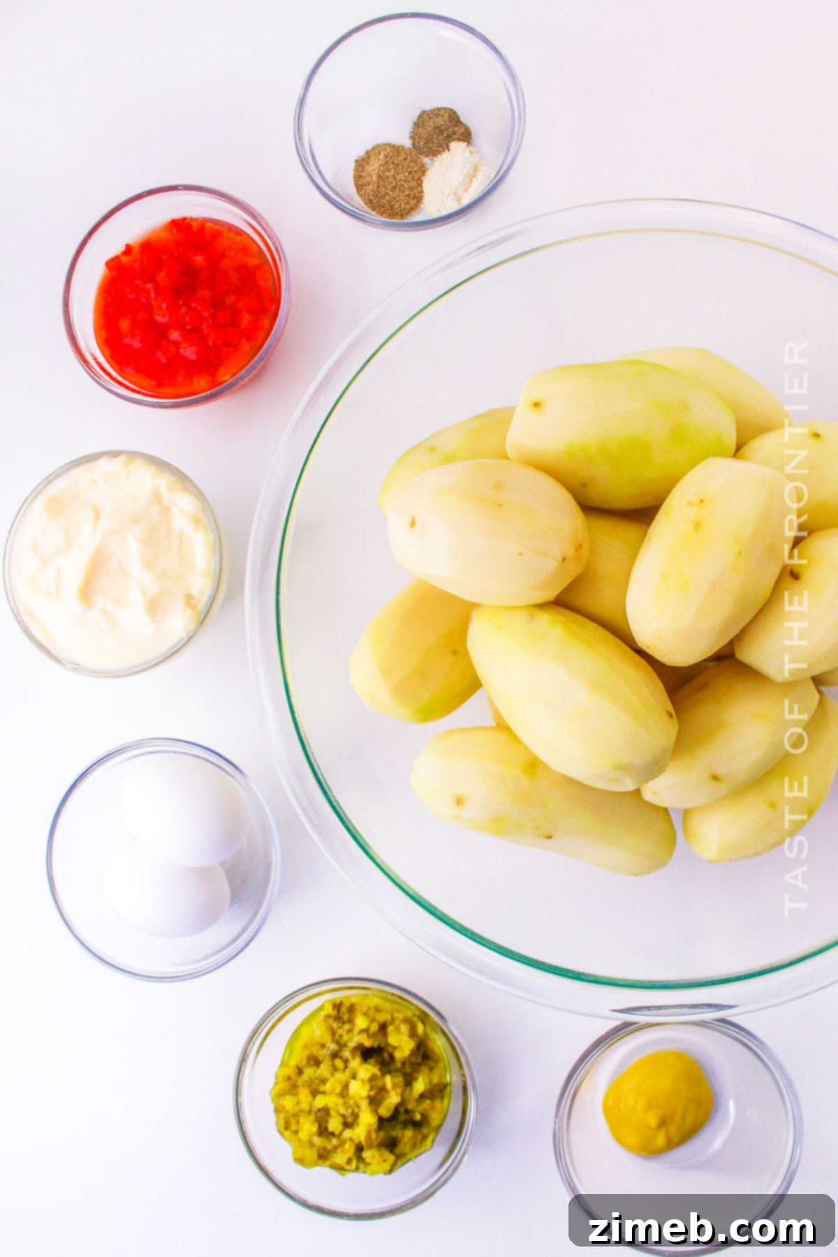 Grandma's Southern Potato Salad 4 Southern Potato Salad Ingredients spread out on a counter.