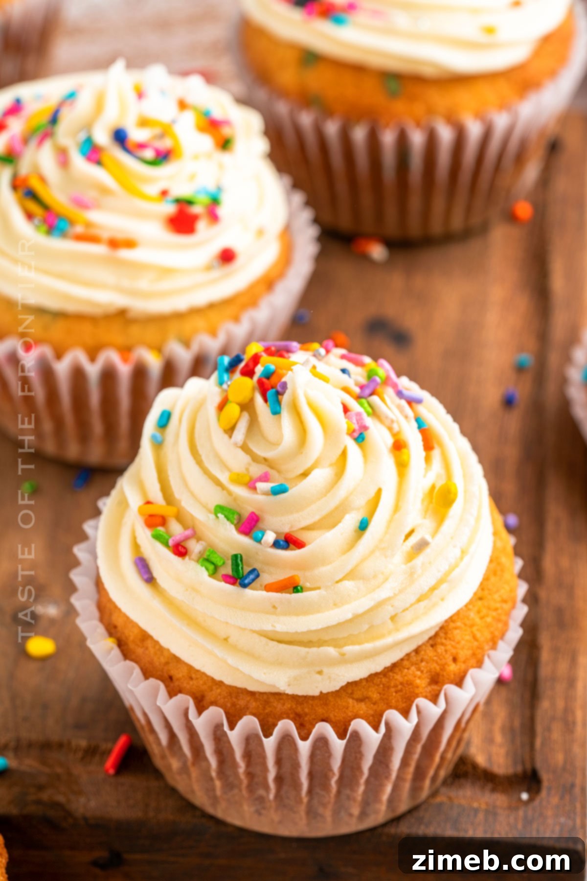 Festive Funfetti Cupcakes 3 Homemade Sprinkle Cupcakes - freshly baked and frosted vanilla cupcakes with colorful sprinkles